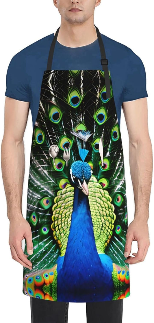 Fresh peacock print Waterproof chef's apron with pocket apron for kitchen cooking baking barbecue and gardening