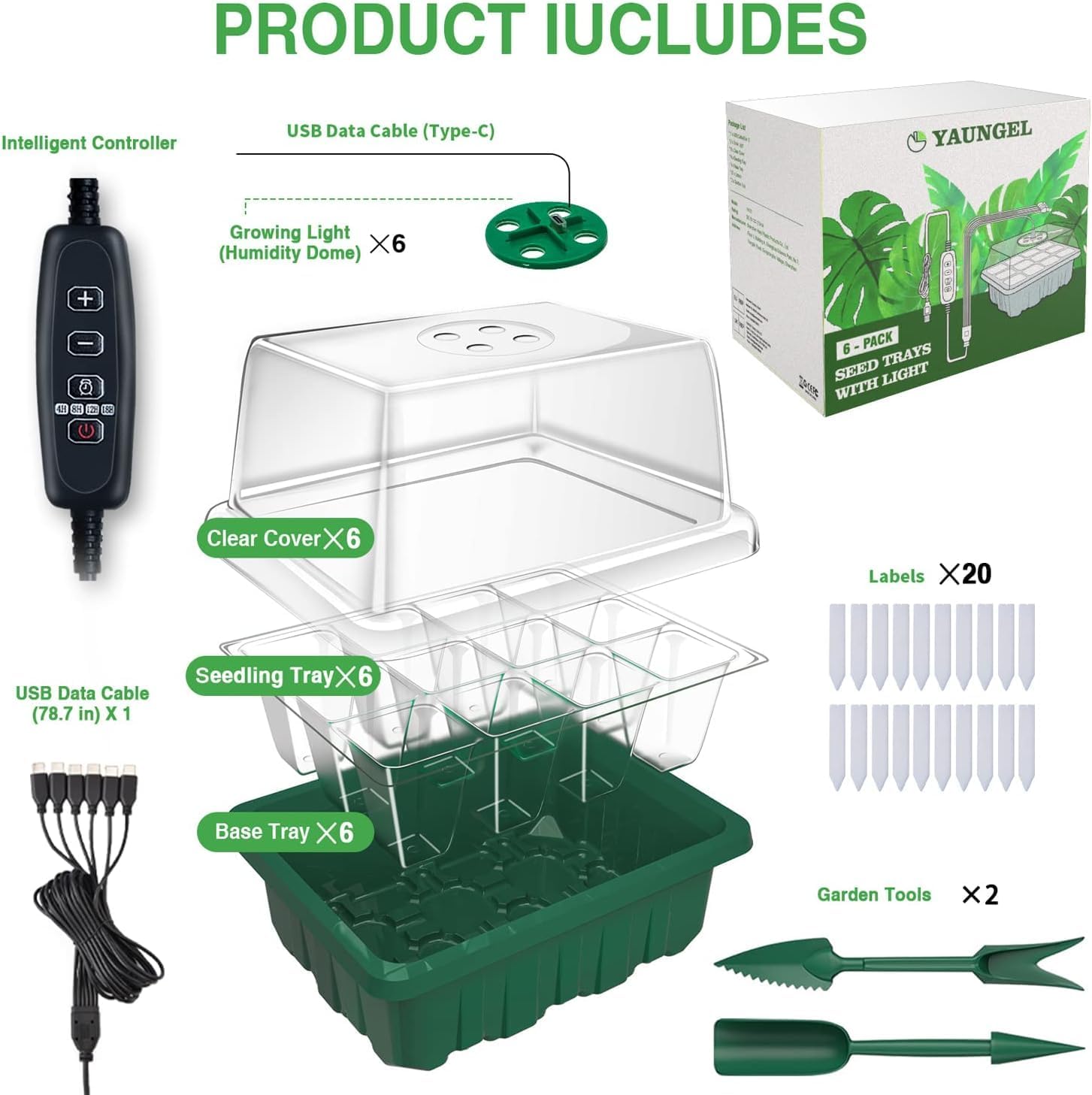 YAUNGEL Seed Starter Tray with Grow Light, 6 Pack Seed Starter Kit wit