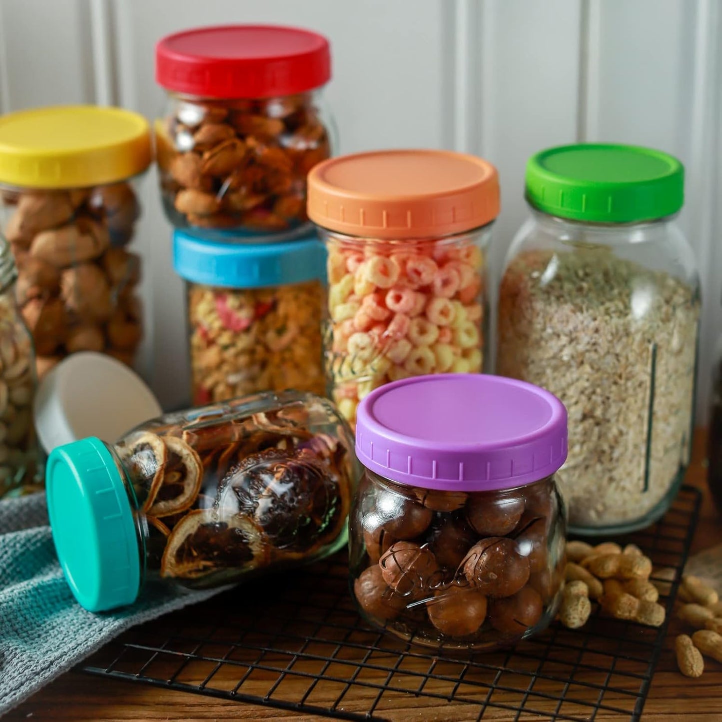 9Pcs Mason Jar Lids, Regular Mouth Plastic Mason Lids, Leak Proof Canning Lid with Silicone Ring for Ball, Kerr and More, Reusable Can Tops, Colored Caps Covers for Jars