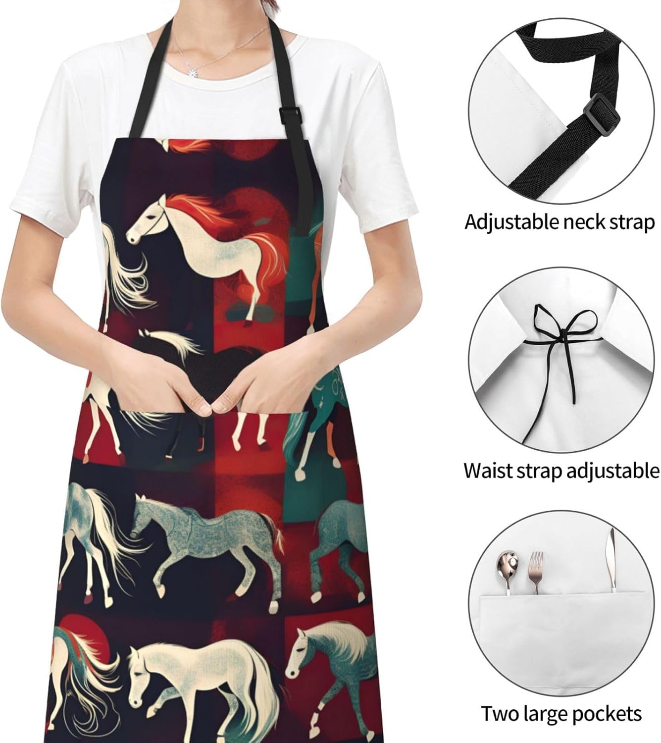 Various Kinds of Horses print Waterproof chef's apron with pocket apron for kitchen cooking baking barbecue and gardening