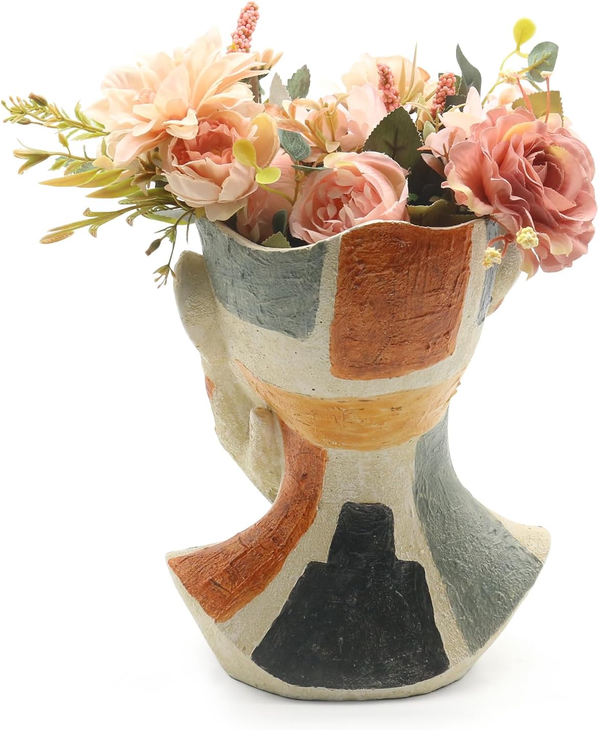 Lukitas Abstract Face Planter, Faux Sandstone Decorative Face Vase, Colorful Artistic Flower Plant Pot for Garden Patio Living Room, Resin 10.5''
