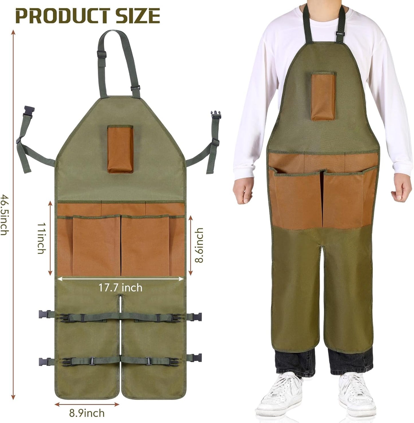 Gardening Apron Adjustable Legs Waterproof Apron with 6 Release Pockets Army Green Adjustable Buckle for Gardening Woodworking Pottery BBQ Cafe Kitchen Painting Carpenter Work