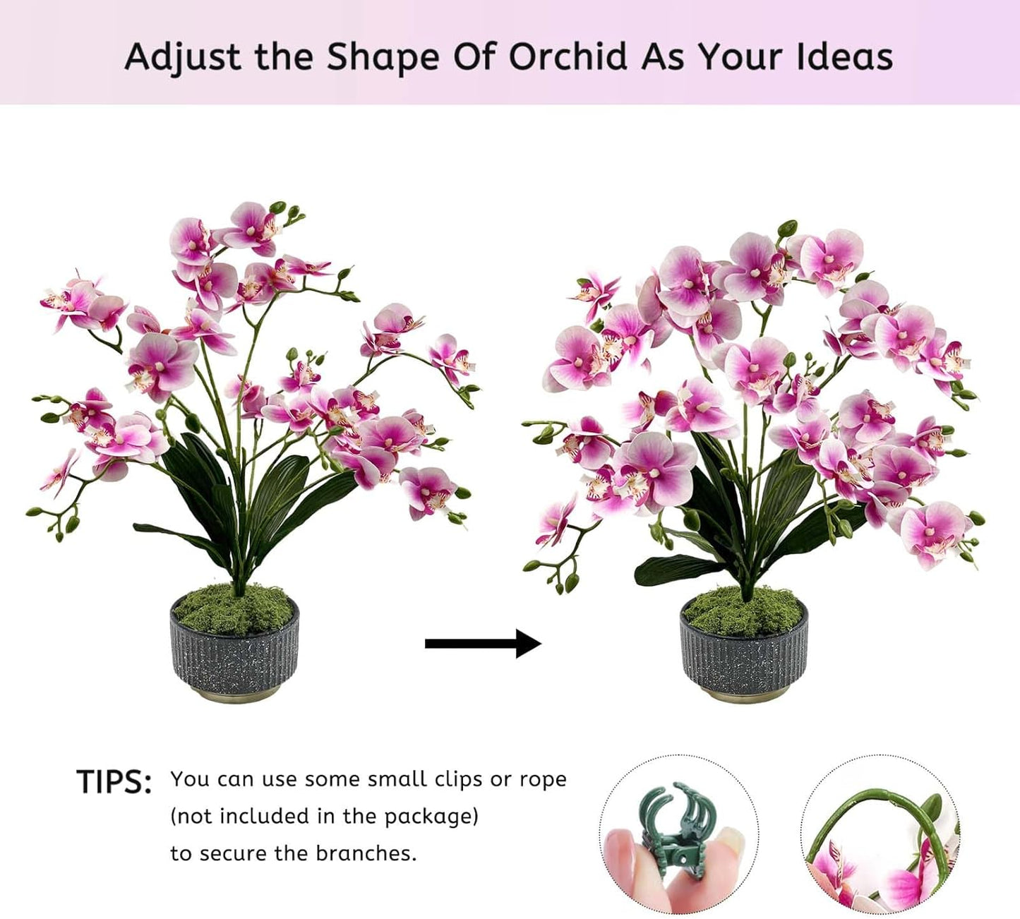 Daily Treasures Artificial Orchid Flower in Pot - 33 Realistic Flower Heads with Adjustable Stems, Premium Black & Gold Ceramic Vase, No Maintenance Faux Floral Decor for Home Office Bathroom