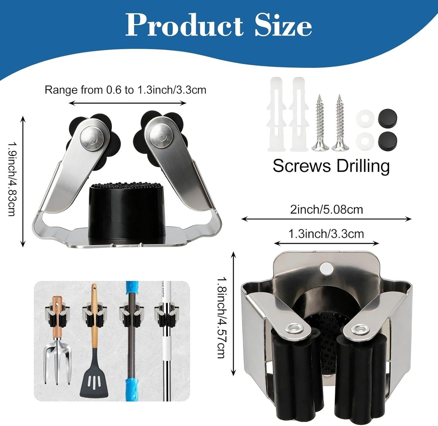 8 Pack Mop and Broom Holder Wall Mount, Heavy Duty Broom and Mop Organizer Wall Hanging Command Broom Holder with Screws, Mop Hanger for Kitchen Laundry Garden Tool Organizer