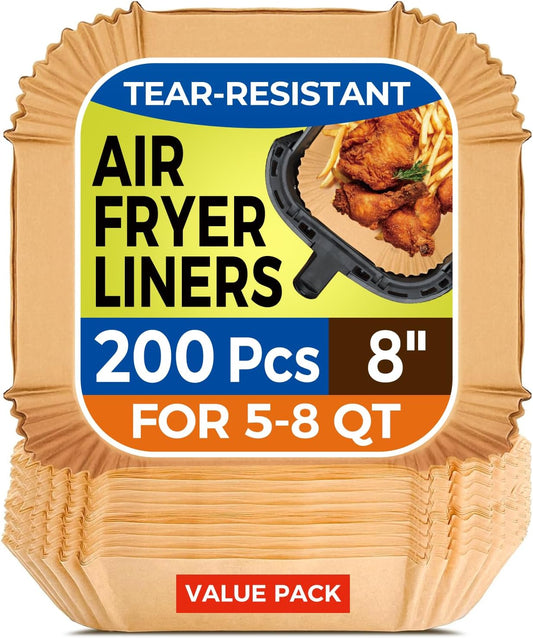Air Fryer Paper Liners, 200pcs Air Fryer Liners Disposable, 8" Square Baking Paper Liner for 5-8 qt Airfryer Basket, Non-stick and Oil Proof Parchment Paper for Oven, Pans & Baking