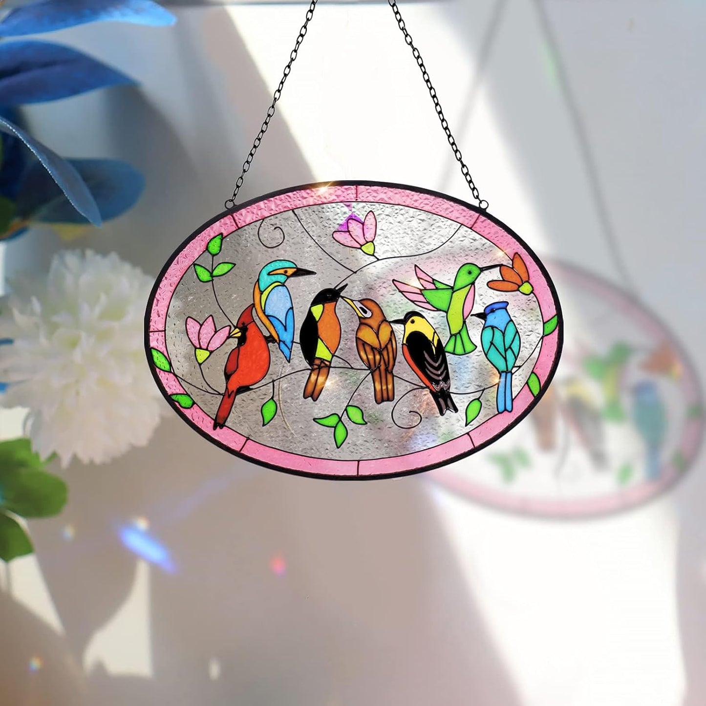 Huray Rayho Birds On A Branch Stained Glass Ornament, 9.5''x6.7'' Cardinal Hummingbird Suncatcher Hand-Painted Double Side Glass Panel Window Hanging Decor Bird Lover Gift for Mom, Grandma, Teacher
