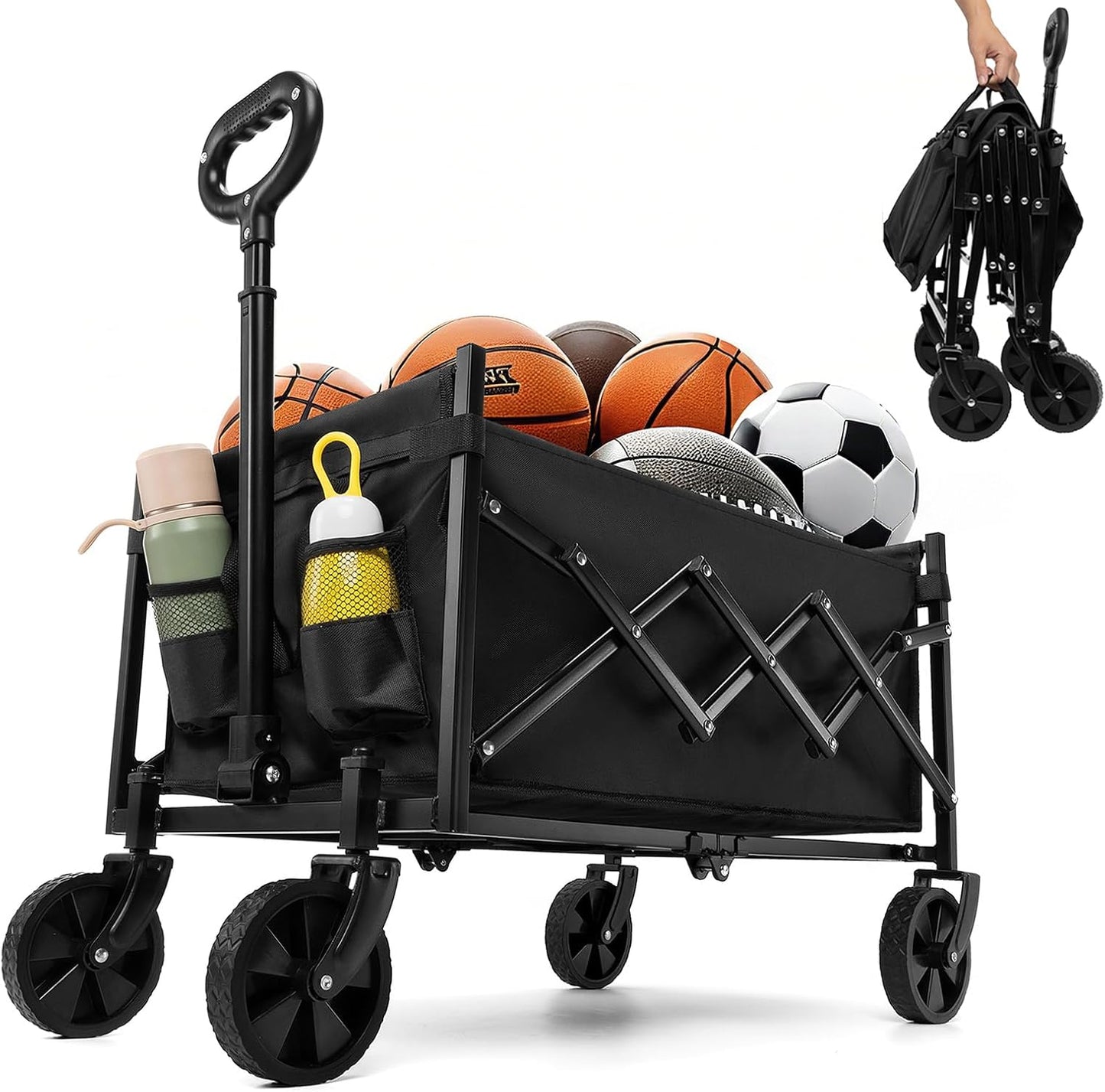 Collapsible Foldable Camping Cart, 200lbs Foldable Wagon Cart with Wheels, 150L Shopping Cart for Groceries Folding Utility Wagon for Beach, Garden, Camping, Sport, Black