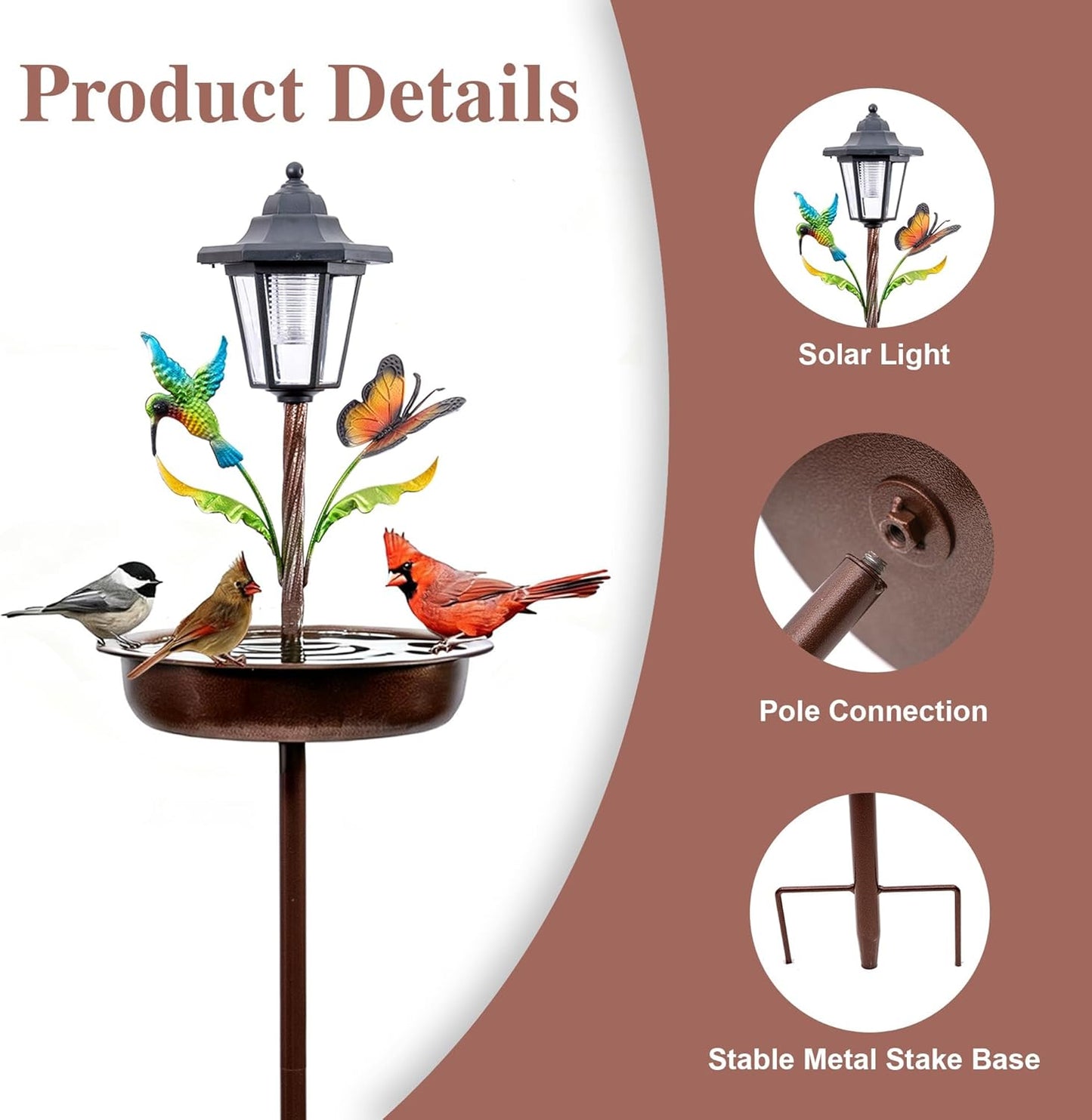 Topadorn 42 inch Solar Metal Bird Bath for Outside, Vintage Freestanding Birdbaths & Birdfeeder, Birdbaths for Garden Patio Yard Lawn Decor