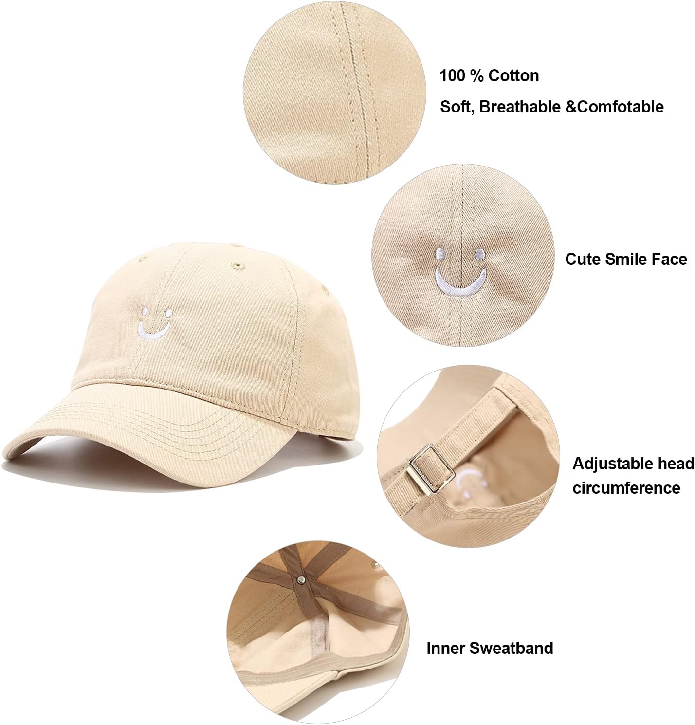 Umeepar Smile Face Baseball Cap for Women Men Adjustable Low Profile U