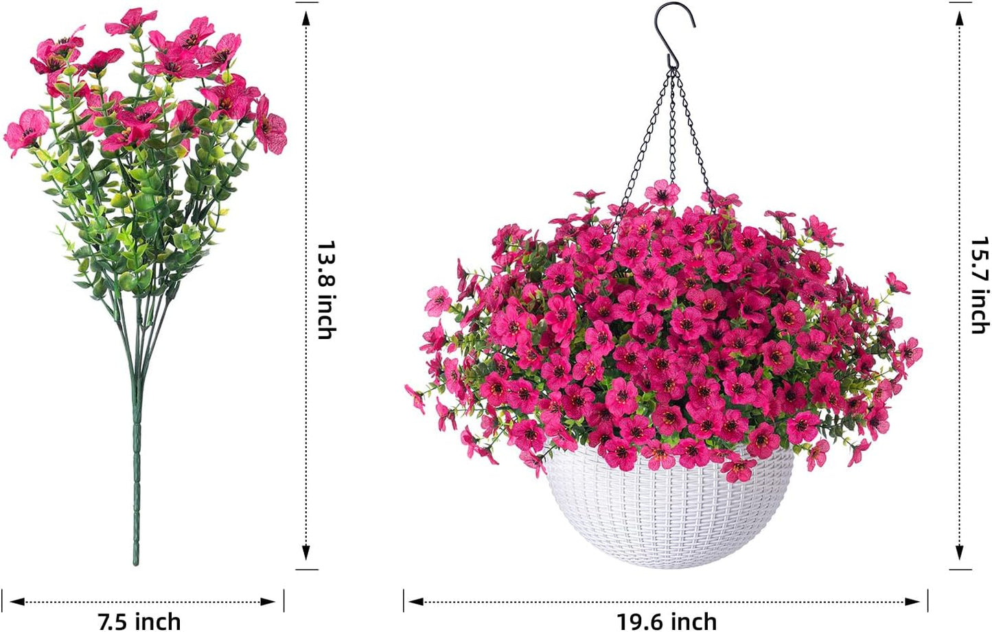 HyeFlora Artificial Faux Hanging Flowers Plants Basket for Outdoor Outside Porch Spring Decoration, Fake Silk Hotpink Daisy UV Resistant Look Real in Planter for Home Patio Balcony Garden