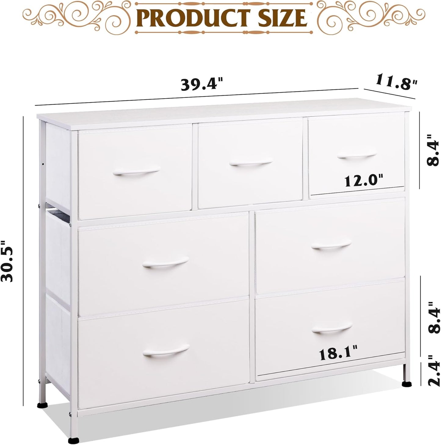 WLIVE 7 Drawer Dresser TV Stand, Dressers for Bedroom, Fabric Storage Tower, Hallway, Entryway, Closets, Sturdy Steel Frame, Wood Top, Easy Pull Handle, White