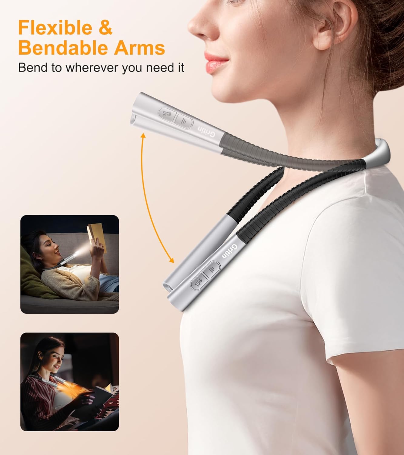 Gritin Book Light, Eye Caring 4-Color & 5-Brightness Neck Light Reading Light- Stepless Dimming,30-min Timer,80+ Hrs Runtime,Bendable Round Neck Design, Lightweight for Reading, Knitting, Repairing