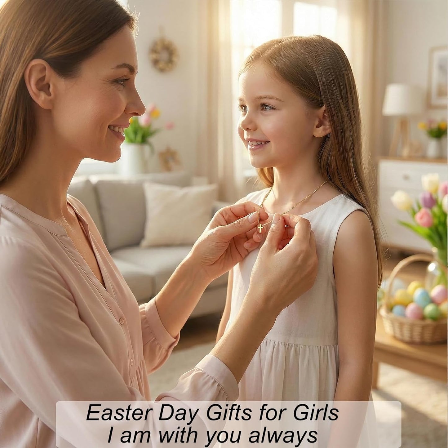 Easter Basket Stuffer Cross Necklace for Women Girls, Dainty 14K Gold 