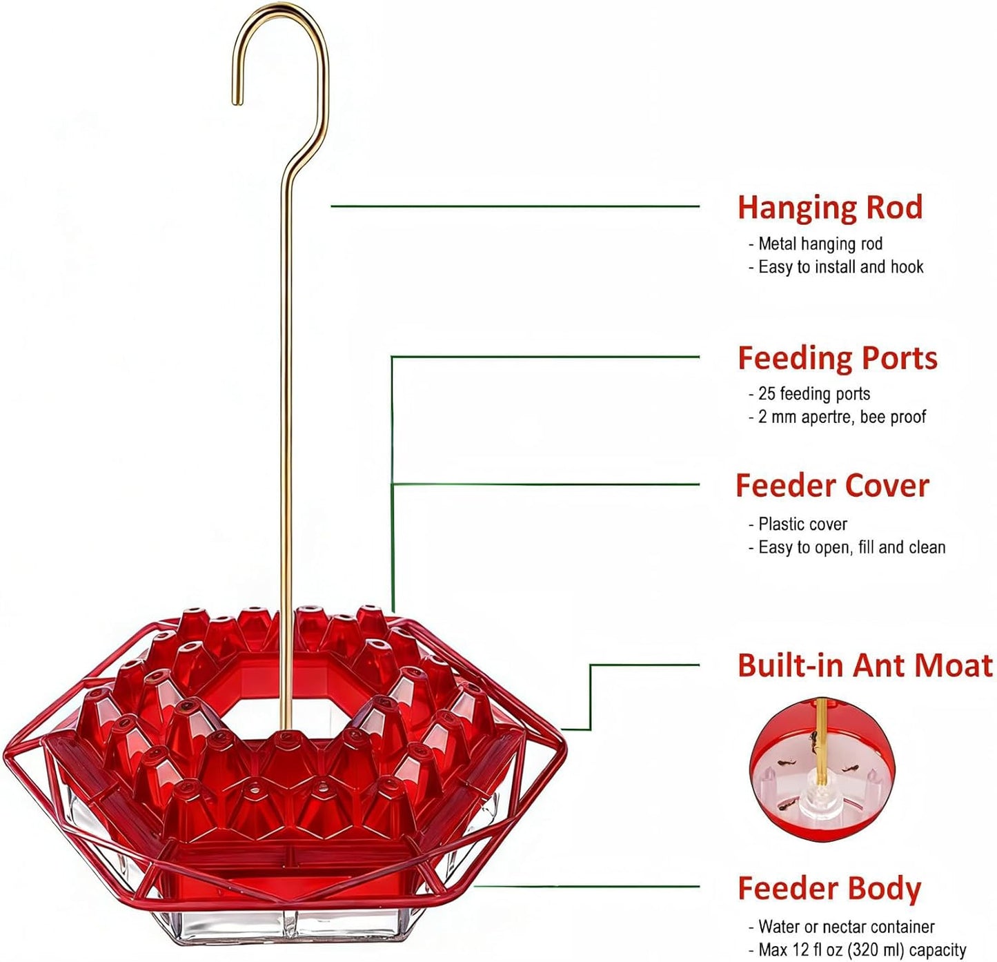 Hummingbird Feeder with Ant-Proof Moat Hummingbird Feeder, Easy to Clean and Refill Includes Hanging Hook, Features 30 Feeding Ports (Red 1PCS)
