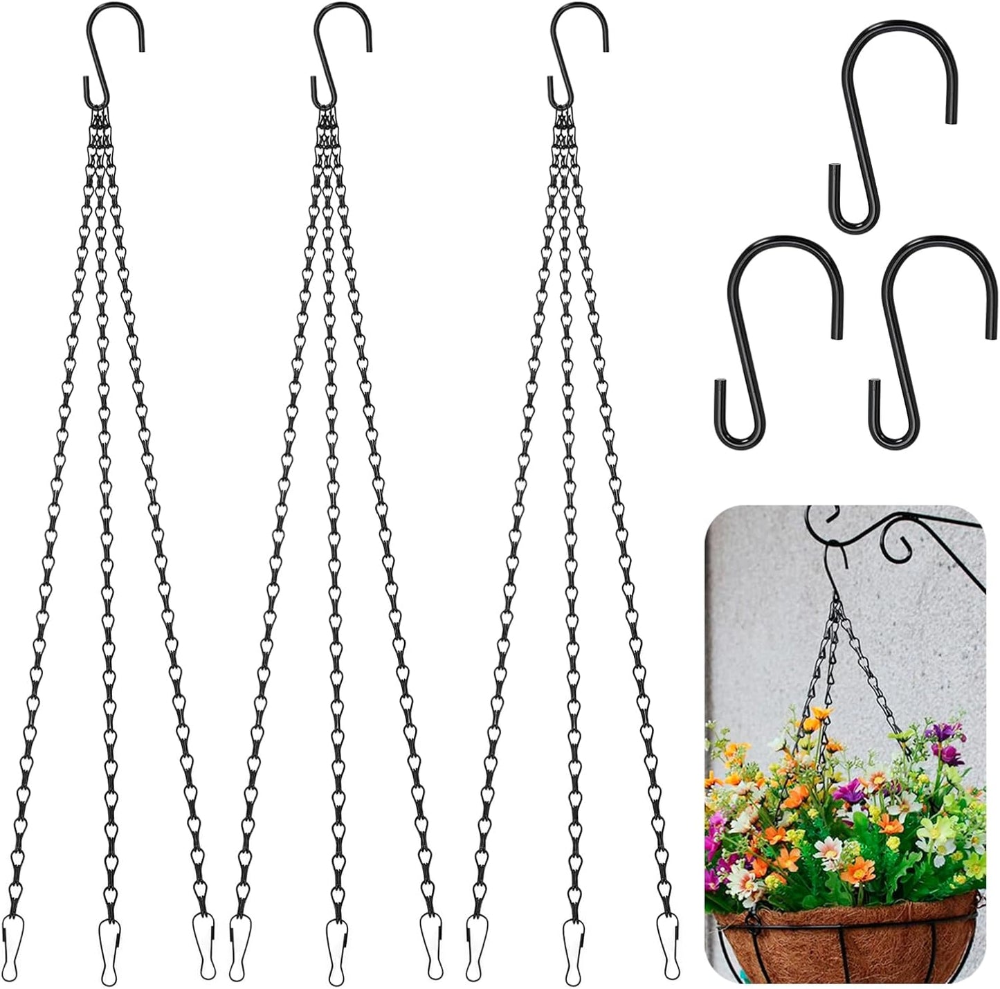 Siutaga 3 Pieces 15.7 inch Black Hanging Basket Chain with Hooks Flowe