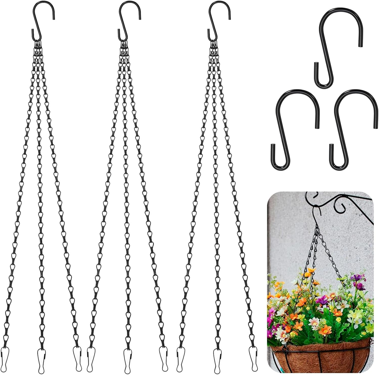 Siutaga 3 Pieces 15.7 inch Black Hanging Basket Chain with Hooks Flowe