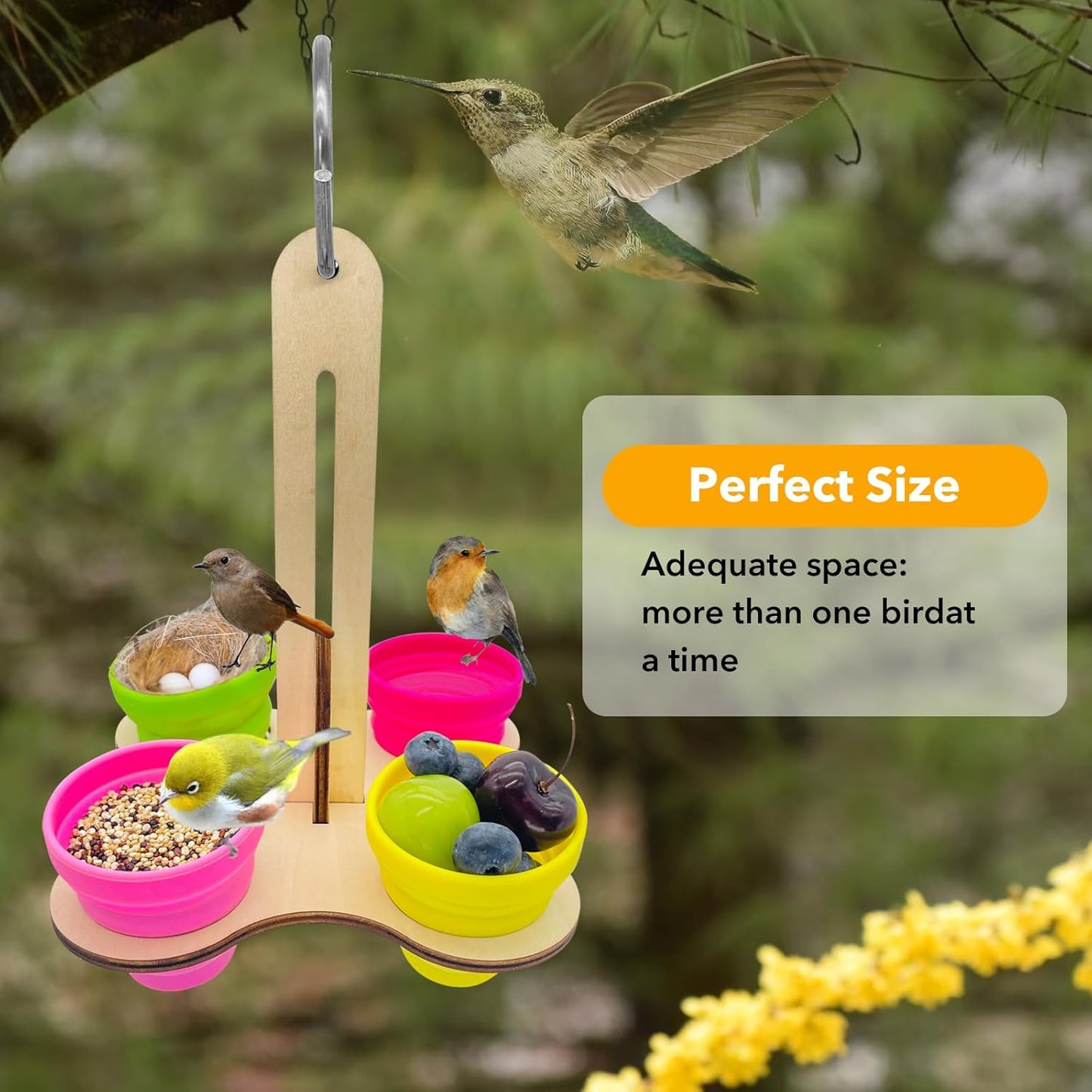Bird Feeder for Outdoors, Hanging and Standing Bird Feeder, Wooden Feeders, Food and Water Bowls with 4 Food-Grade Silicone Cups, Indoor or Outdoor