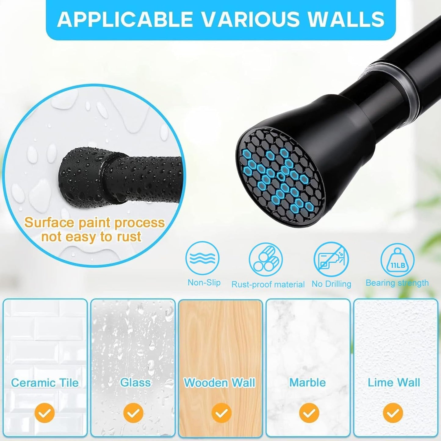 Black Spring Tension Curtain Rod 28-52 Inches, 7/8" Diameter Adjustable Shower Curtain Rod No Drill, Anti-slip Heavy Duty Spring Curtain Rod for Windows Bathroom Kitchen Closet Doorway