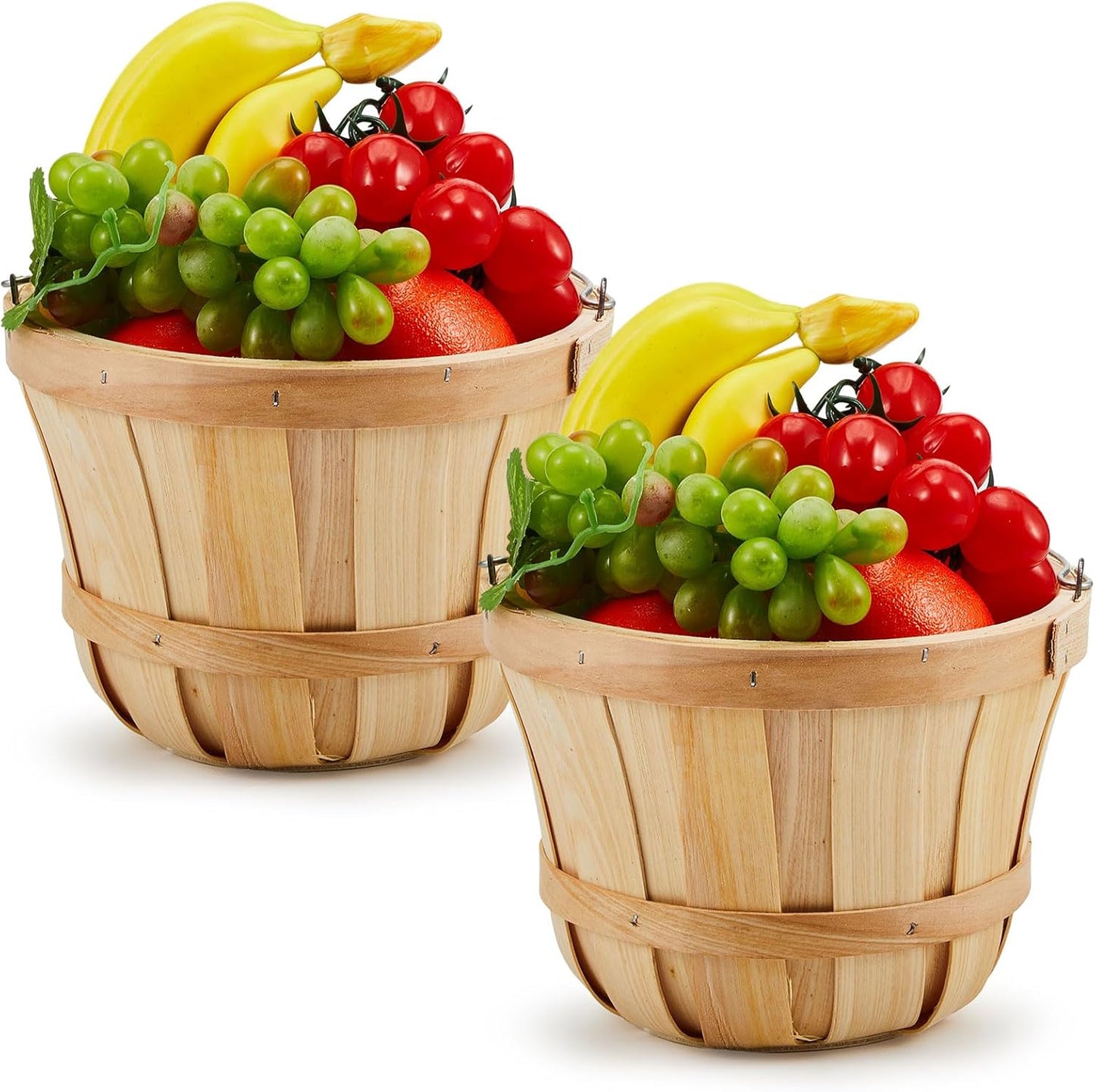 Tatuo 2 Pcs Round Wooden Apple Baskets Wood Fruit Buckets with Handle Fall Harvest Basket Portable Bushel for Market Vegetables Garden Home Party Supplies Easter Gifts (Wood Color)