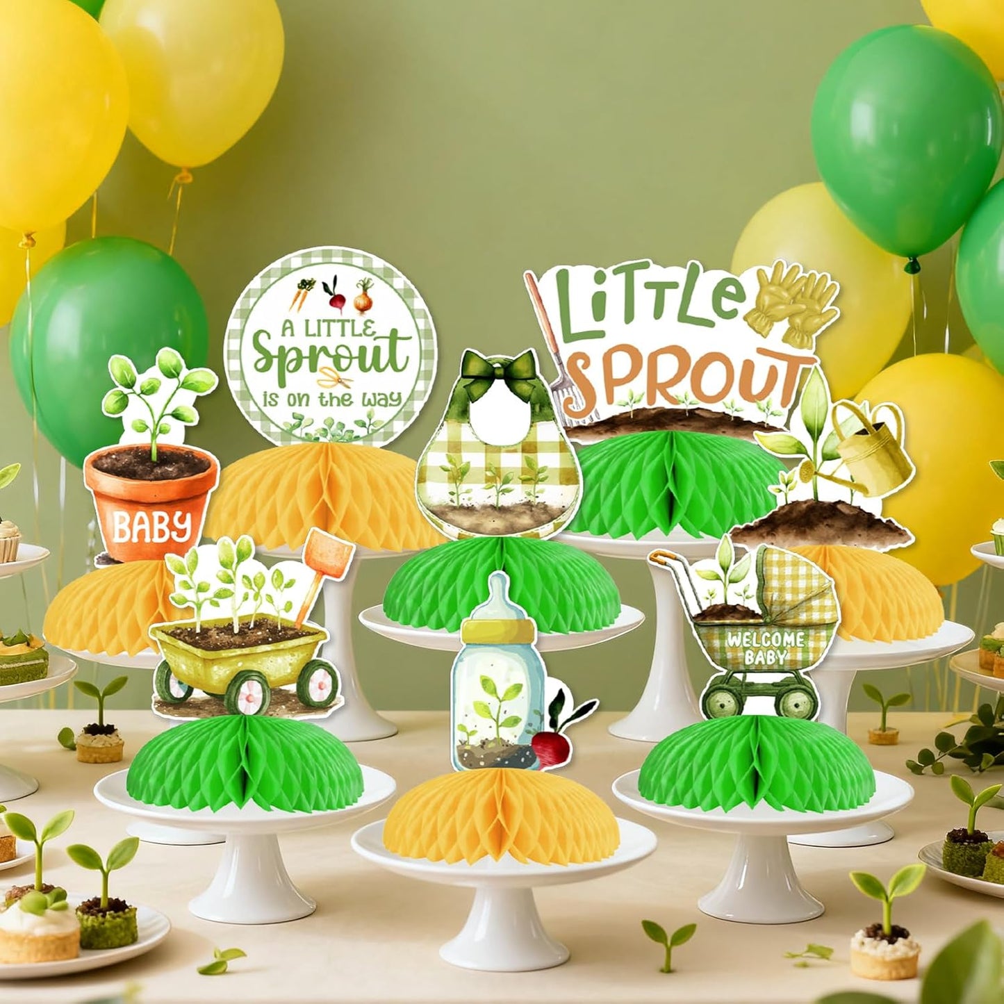 Little Sprout Baby Shower Decorations 8pcs A Little Sprout Is On The Way Honeycomb Centerpieces Garden Tool Greenery Table Decors Nature Farmers Welcome Baby Shower Gender Reveal Party Supplies