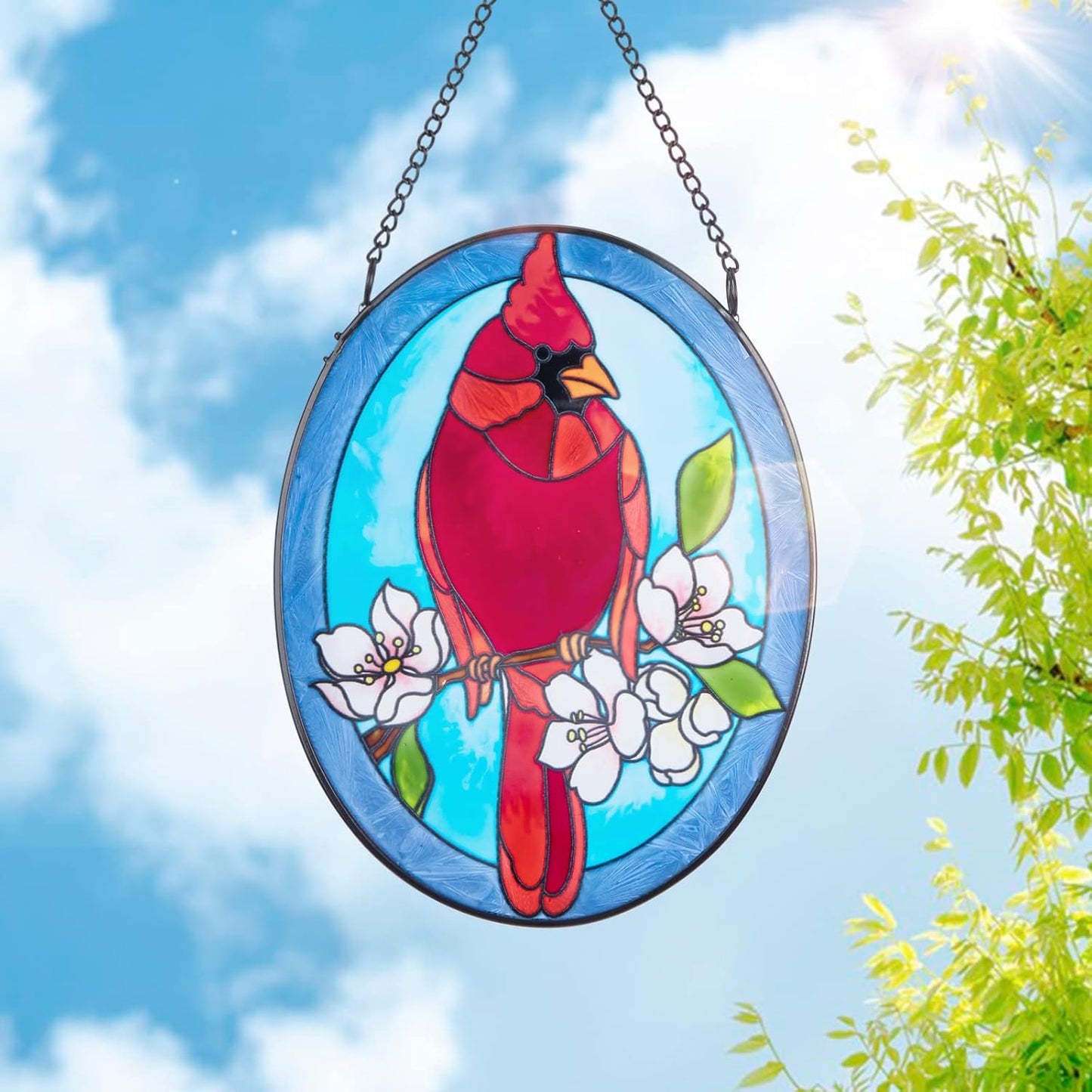 MUMTOP Stained Glass Window Hanging - 2 Pack Cardinal Suncatcher Hanging Ornaments Wall Art, Hand-Painted Glass Panel Home Decor for Grandma Gift Idea