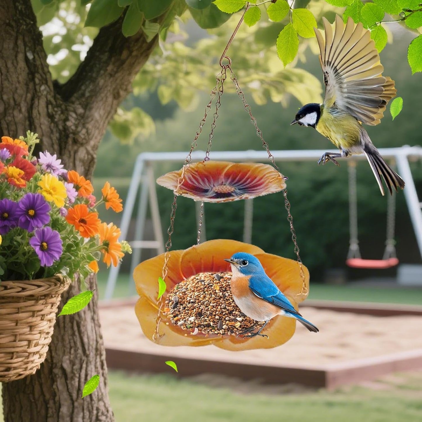 Wild Bird Feeders, Weatherproof Flower Shaped Tray, Metal Double Layer Bird Feeder for Outdoors, Powder Coated Material with Drainage Holes, Pet Feeding Accessory with Stable Base, Home Garden Aviary