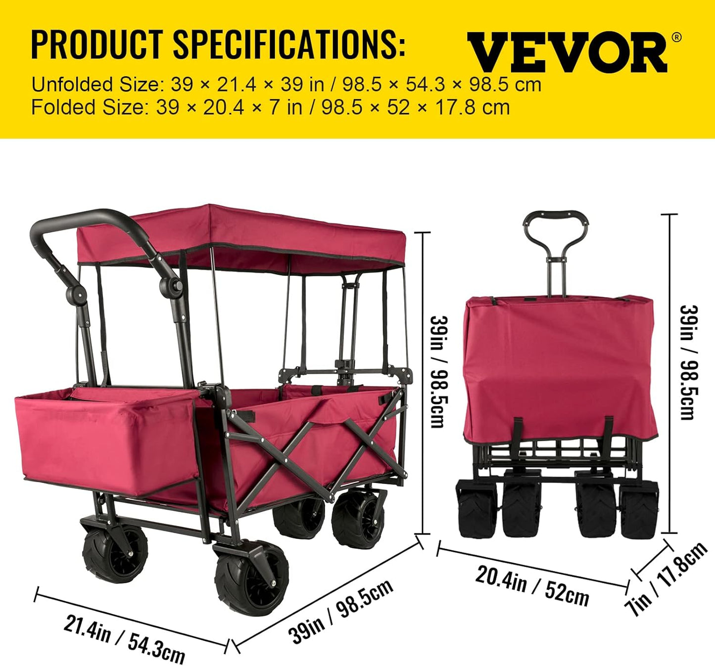 Happbuy Collapsible Wagon with Removable Canopy, 220lbs Heavy Duty Fol