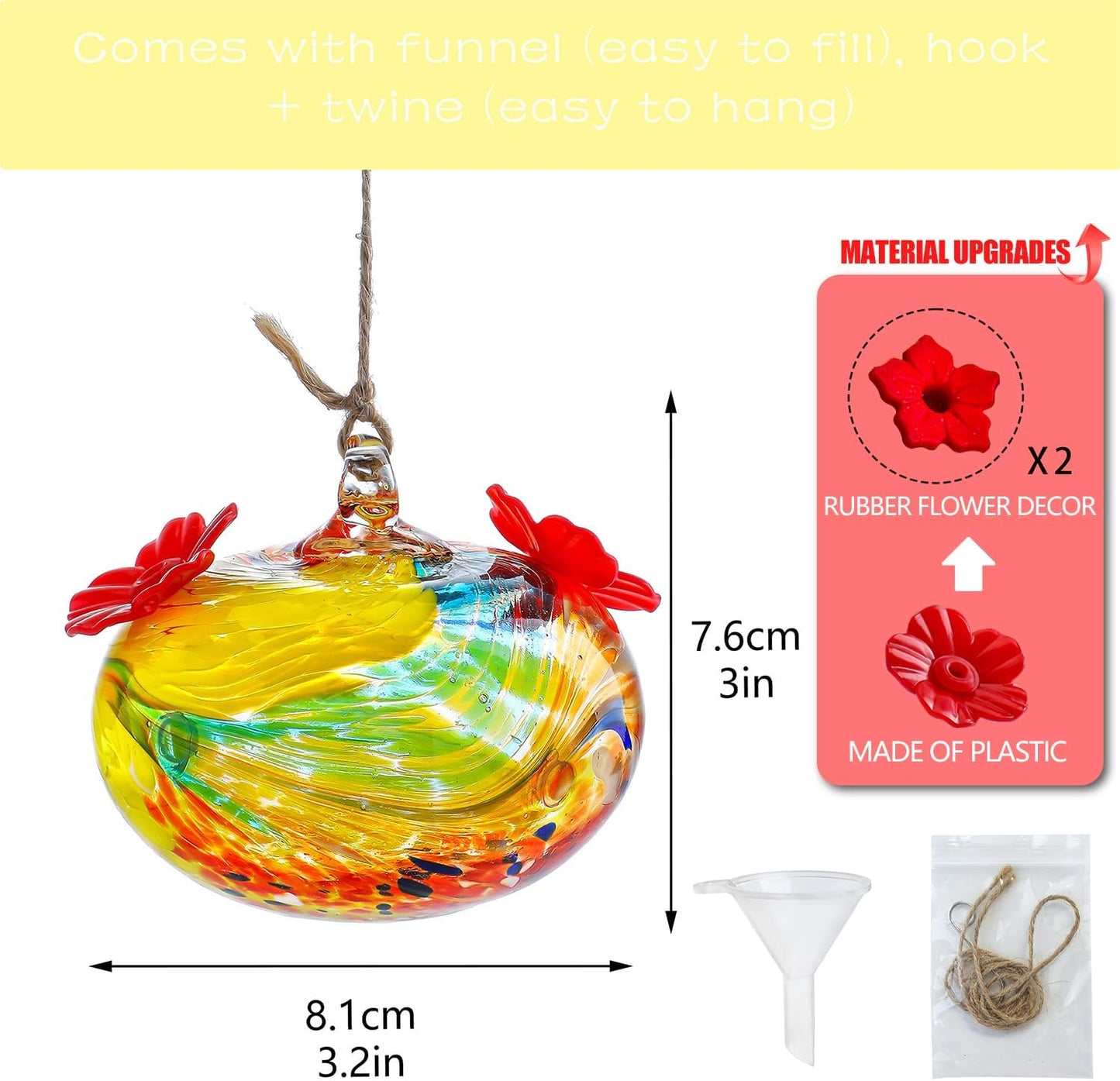 3inch Hand Blown Glass Hummingbird Feeders for Outdoors with 2 Feeding Ports Leak Proof Small Glass Humming Bird Feeder for Window Garden Patio Decoration