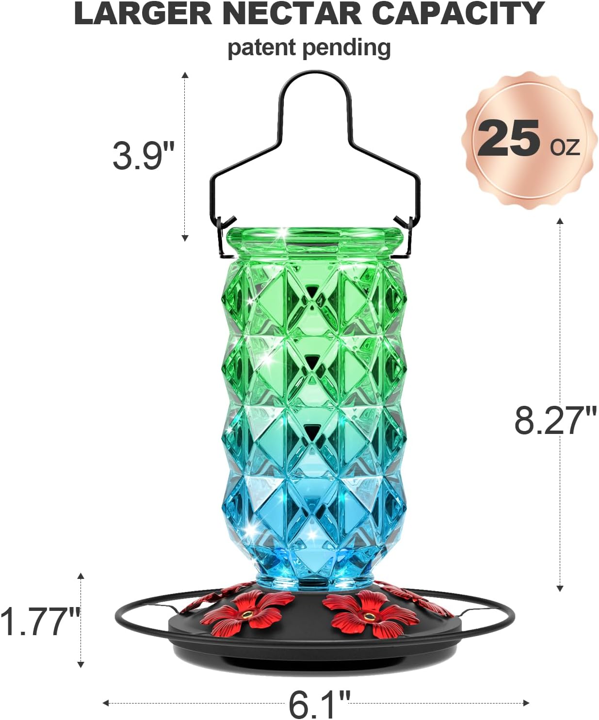 Glass Hummingbird Feeders for Outdoors, 25 Ounces Wild Bird Nectar Feeder with Perch & 5 Flower Feeding Ports Leak Proof Hanging for Garden Backyard Decor, Gifts for Women Mom, Green & Blue