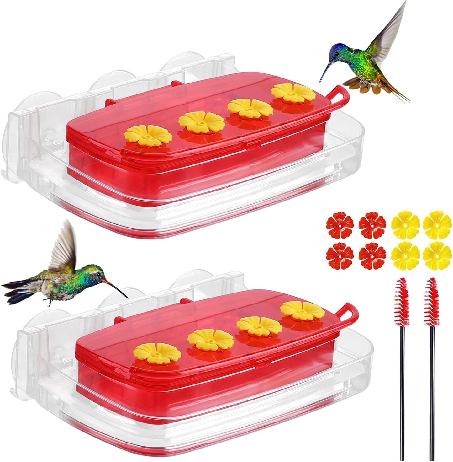 2 Pack Window Hummingbird Feeder,Strong Suction Cup Hummingbird Feeder with 4 Feeding Ports,Built-in Moat,Easy to Clean and Refill Plastic Humming Bird Feeder,Gift for Bird Lovers(10oz, 2 Red)