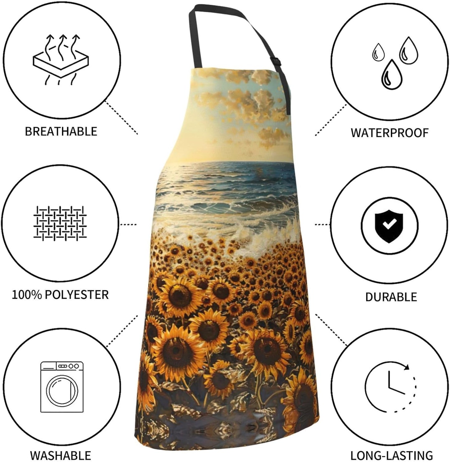sunflowers sea print Waterproof chef's apron with pocket apron for kitchen cooking baking barbecue and gardening