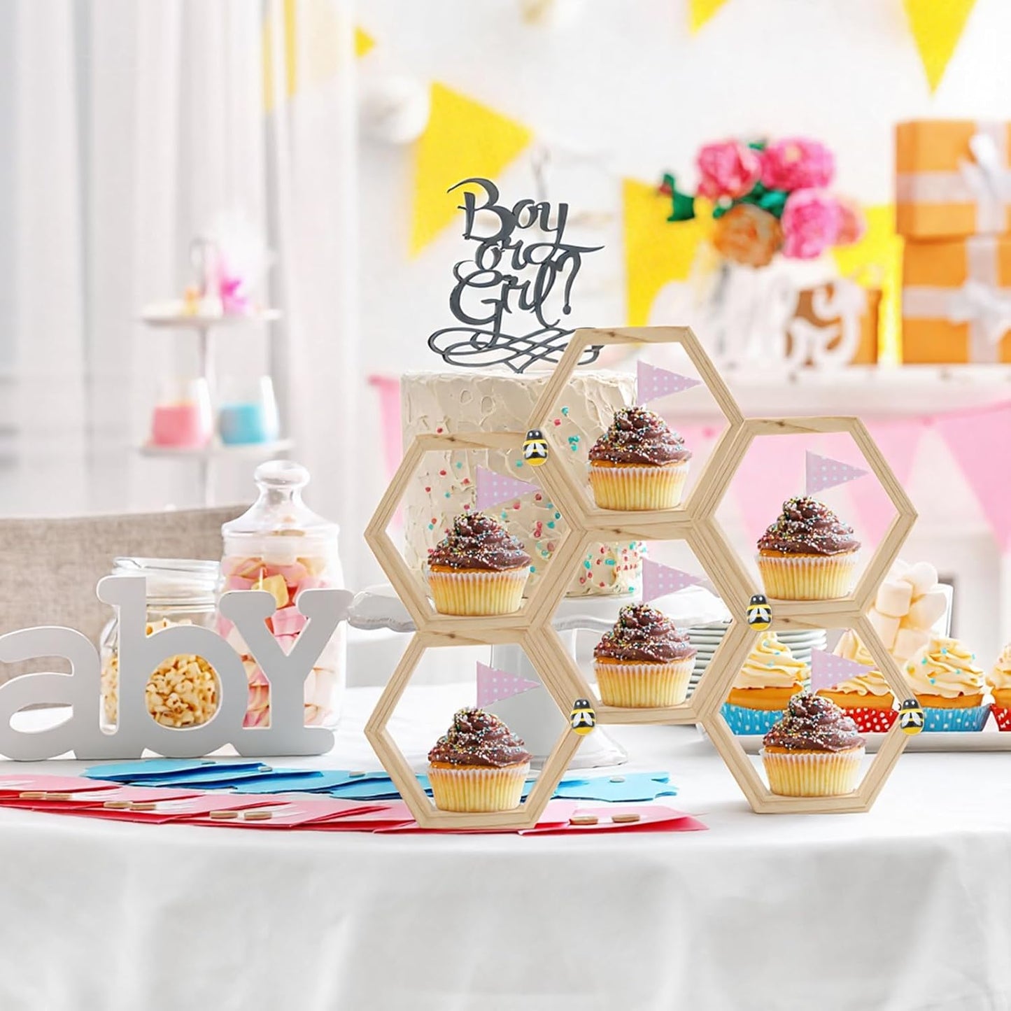 Yolev 12 Pcs Hexagon Honeycomb Cupcake Stand with 50 Tiny Wooden Bee Wooden Farmhouse Hexagon Cake Display Holder Floating Cake Stand Honeycomb Shelves for Bee Baby Shower Decorations