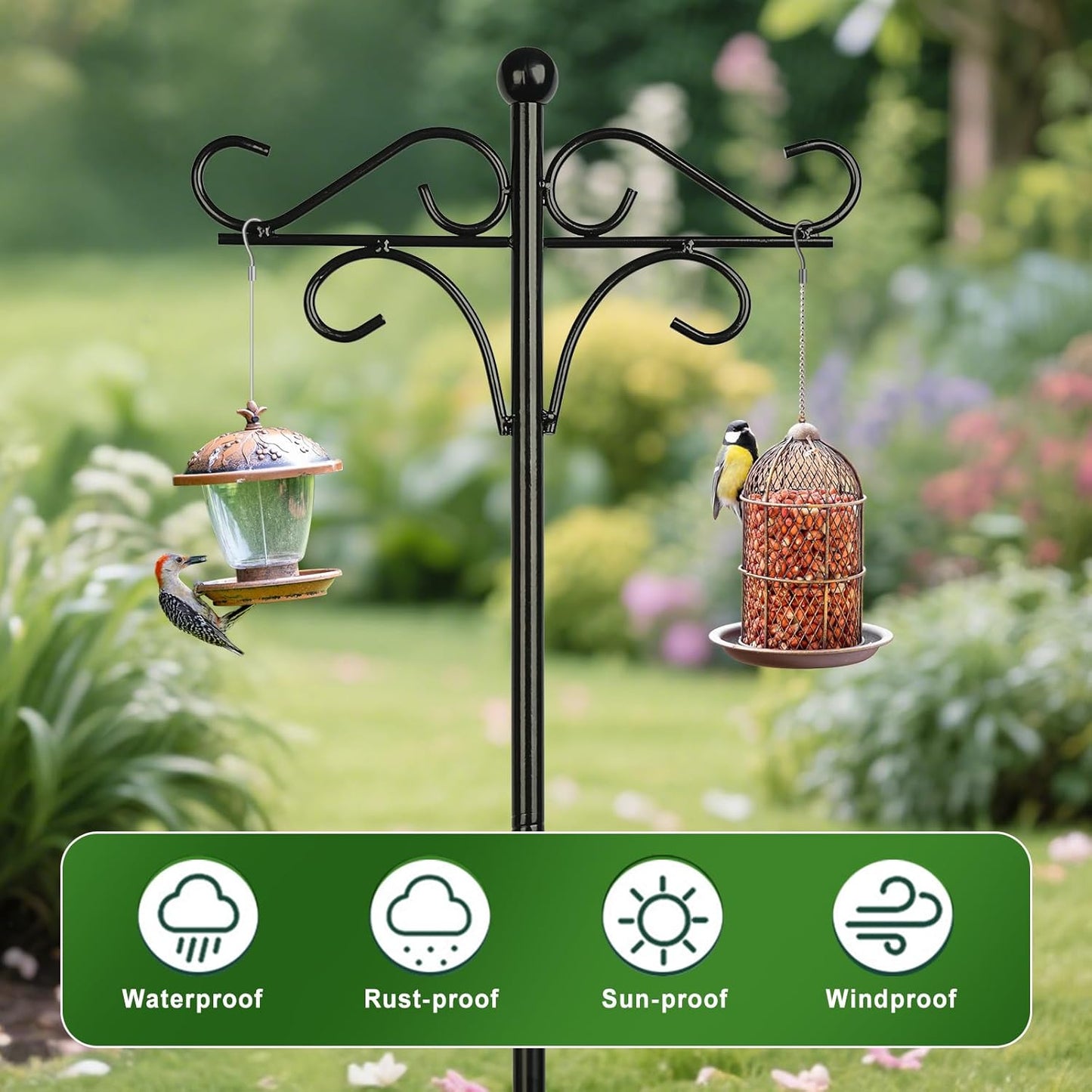 Shepherds Hook Bird Feeder Pole for Outdoor, 46 Inch Tall Heavy Duty Feeder Pole with 4 Hook for Hanging Bird Feeders, Hummingbird Feeder, Plant Baskets
