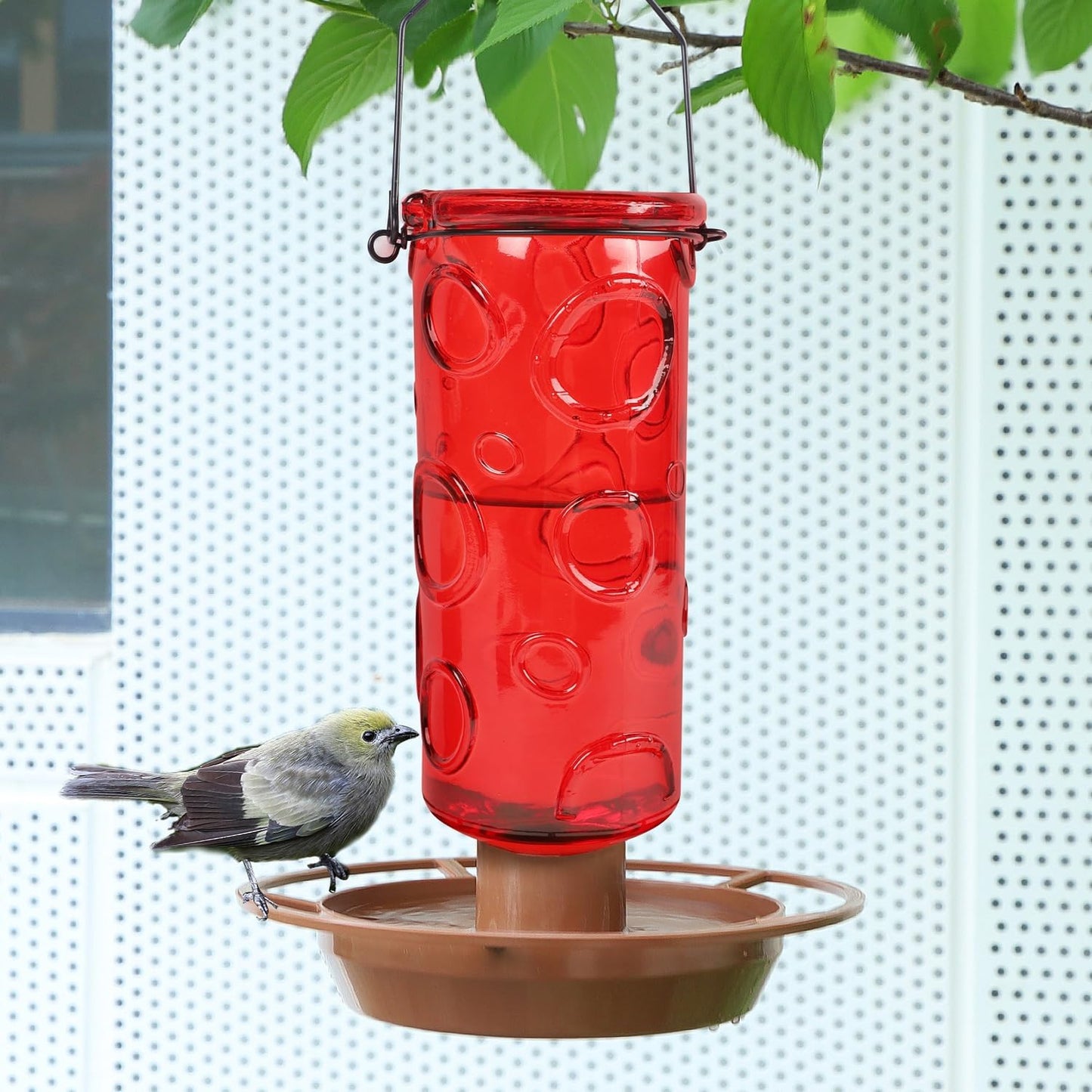 Juegoal Glass Wild Bird Waterer, 28 oz Wild Bird Feeder for Outdoors, Water Cooler with Metal Handle Hanging for Garden Tree Yard Outside Decoration, Red