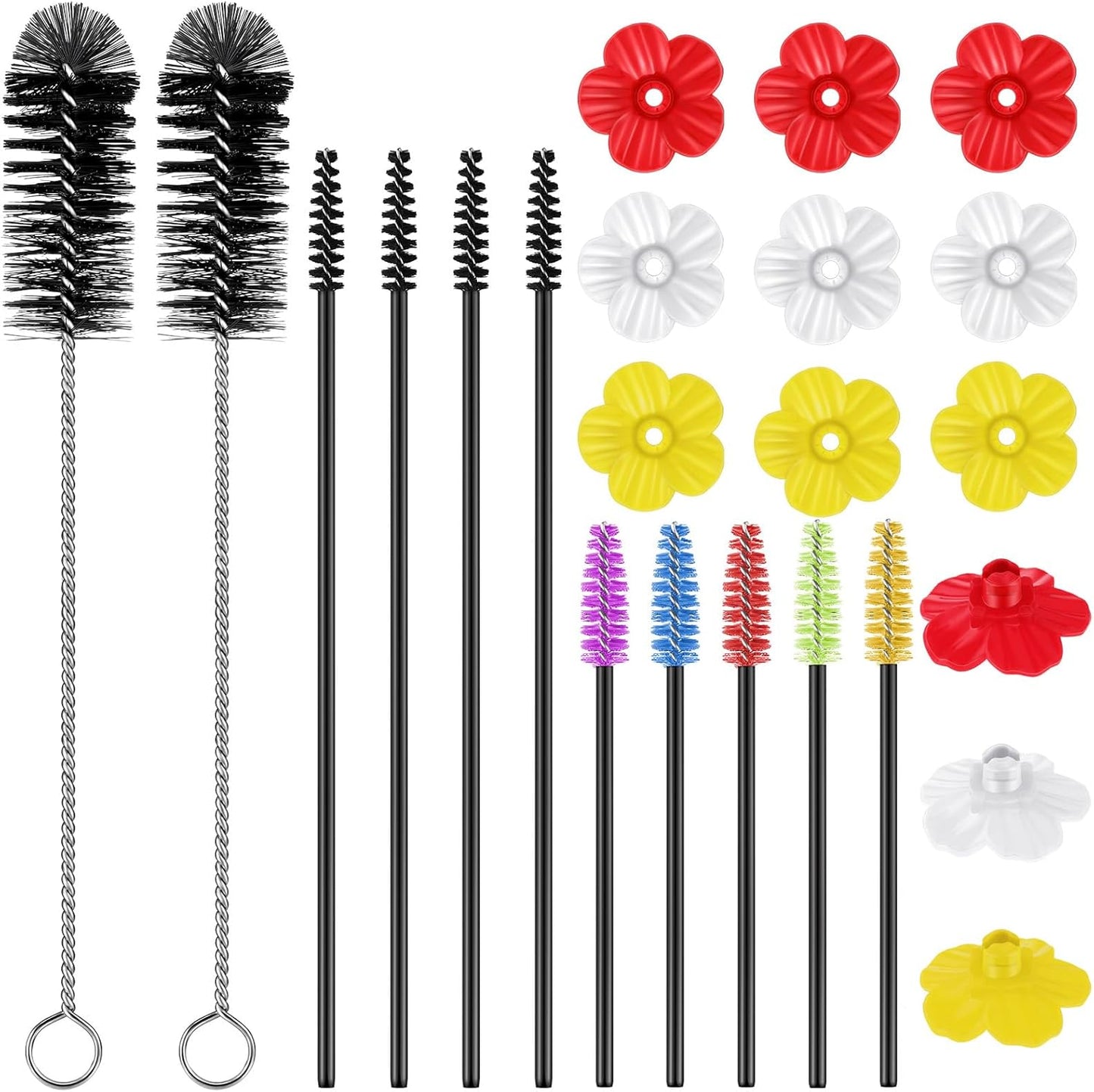 38 Pcs 3 Size Hummingbird Feeder Cleaning Brush Mini Nylon Tube Brush with 16 Flowers Bird Replacement Parts Double Headed Brushes for Bottle Feeding Holes Replacement(Black)
