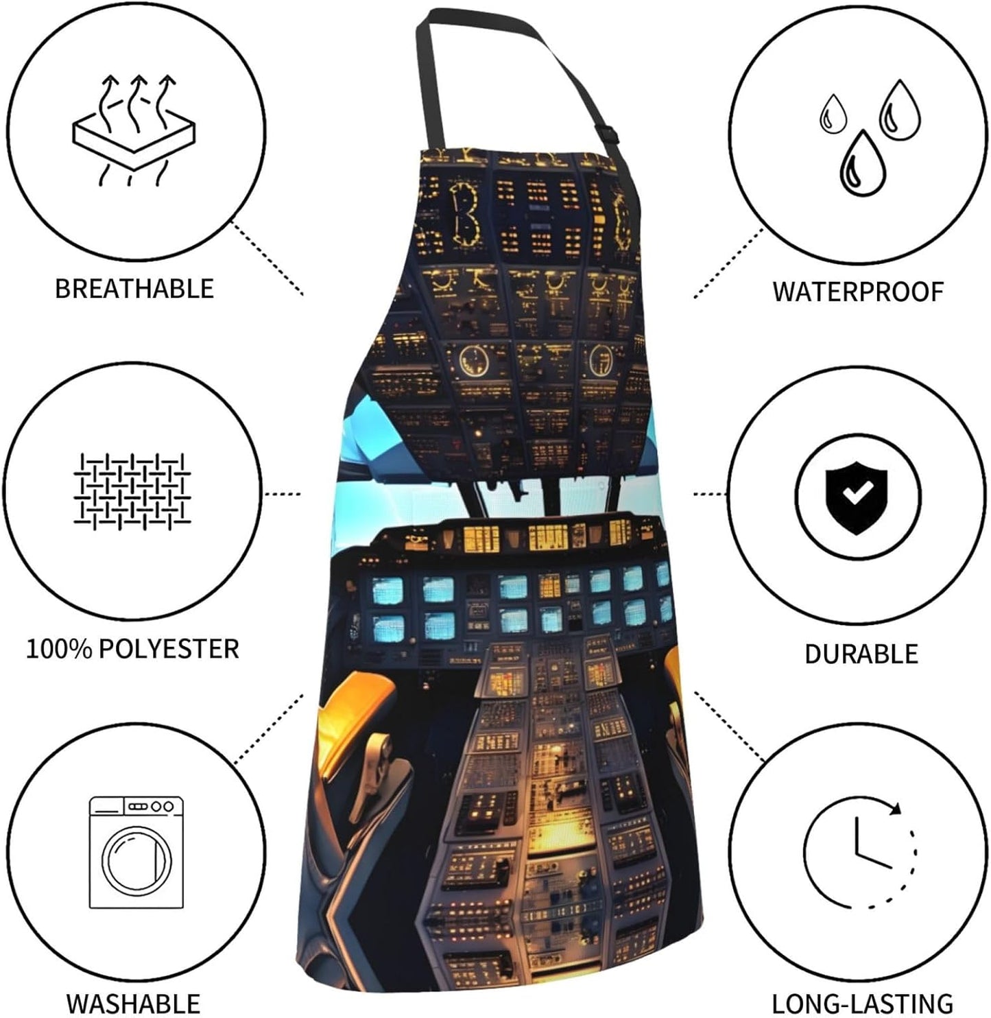 Airplane Cockpit Print Laundry apron 28x33 In Waterproof Kitchen Apron with Pockets for Cooking Baking