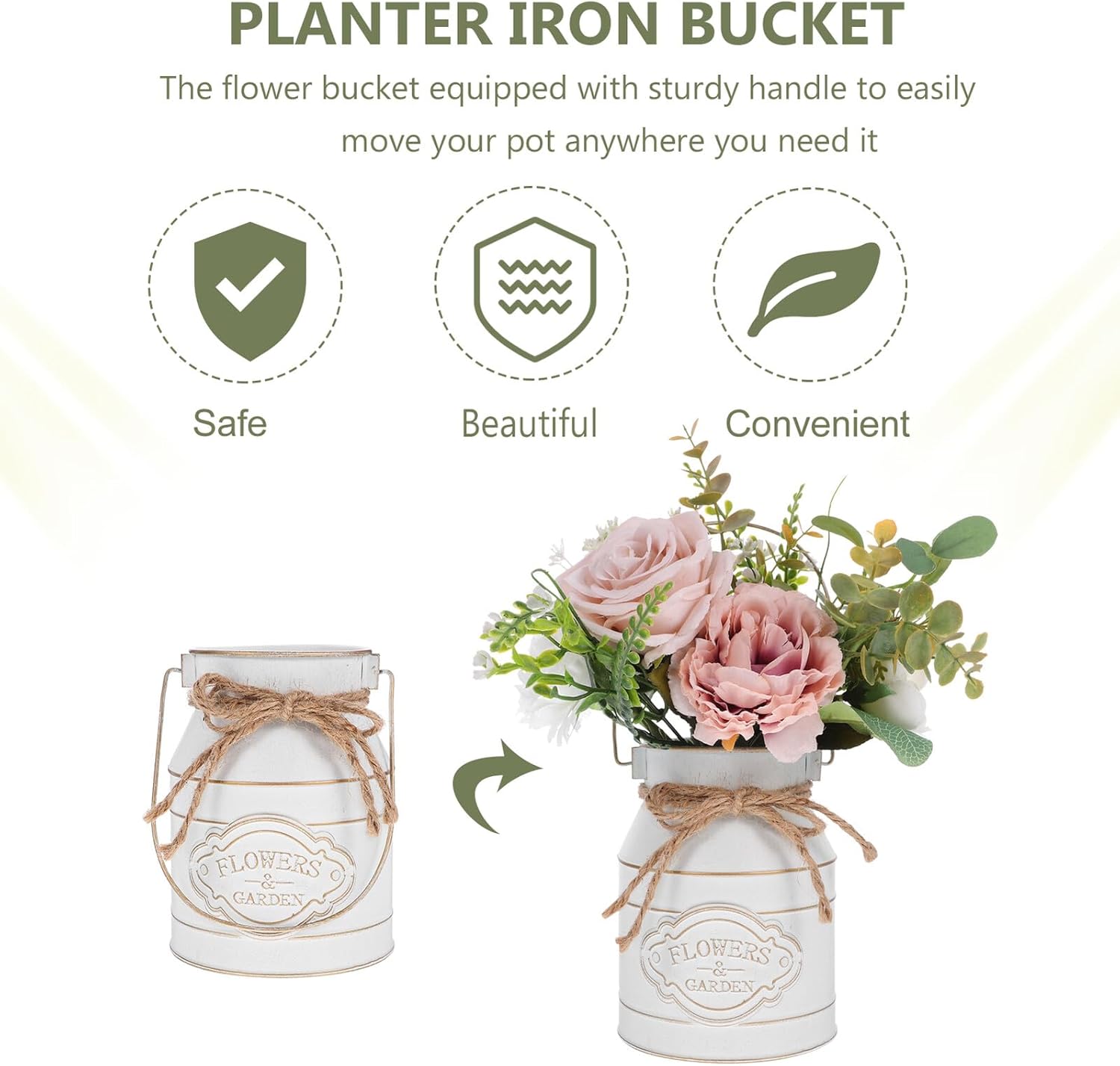 PRETYZOOM Vintage Iron Plant Bucket Flower Vase with Handle White Meta