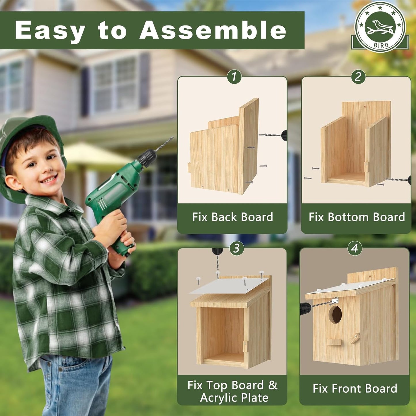 Bird Houses for Outside, Bluebird House with Standing Perch, Hanging Wood Bird House with Waterproof Acrylic Plate for Small Birds Bluebird Finch Swallow Wren Chickadee Assembly Required