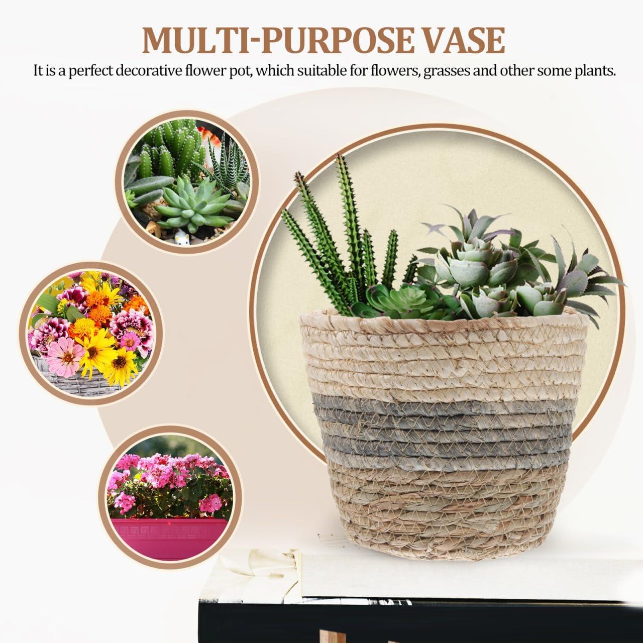 2PCS Plant Baskets Indoor with Liner Rattan Pots Planter Baskets Seagrass Indoor Planter Wicker Planters for and Outdoor Plants