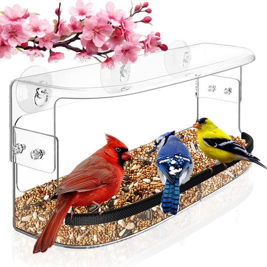 Ermete Window Bird Feeder with Strong Suction Cups, Large View Clear Feeder, Seed Tray, 13in x 5.5in x 4.2in for Outside Weather Proof (Style 1)