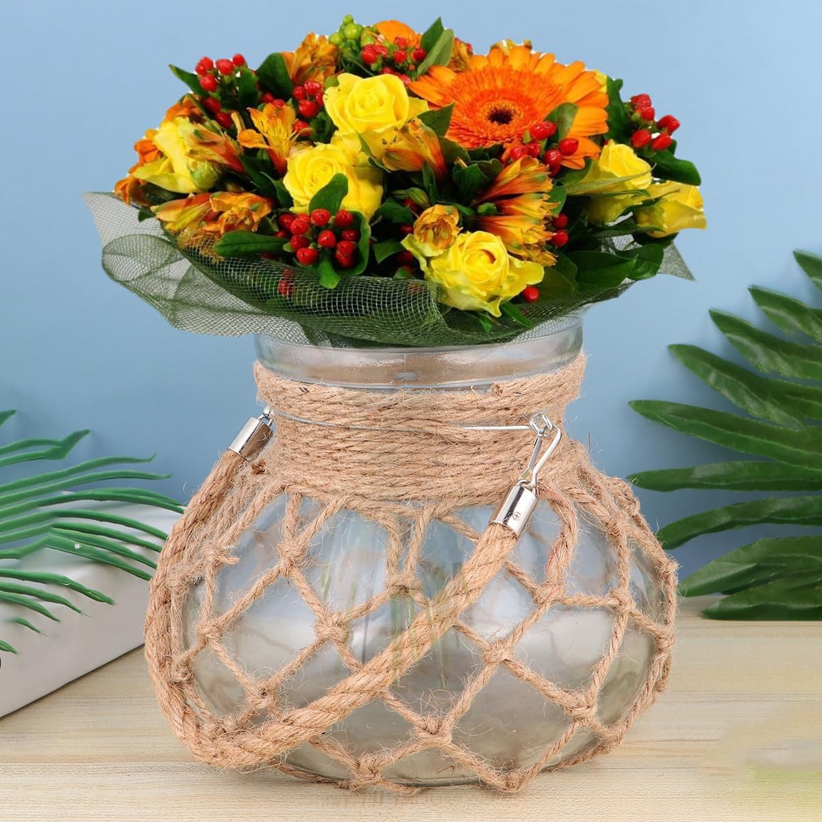 Glass Rope Net Vase Hydroponic Planter Gourd Shape Medium Size Flowerp