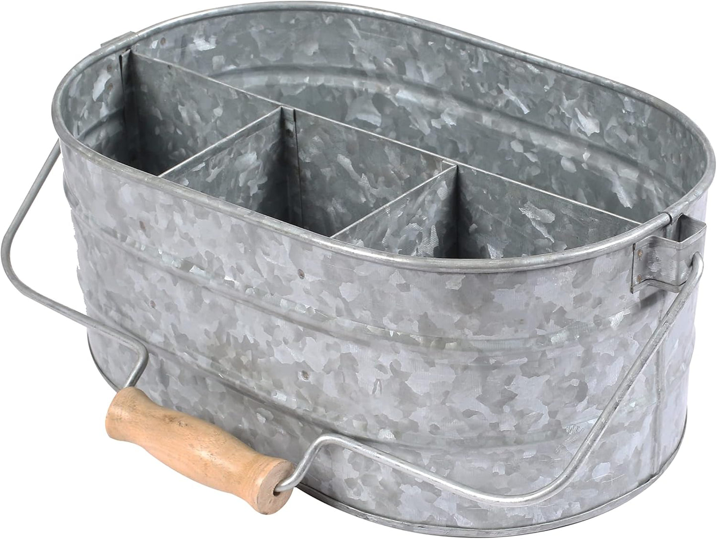 Galvanized Metal Caddy with 4 Compartments, Rustic Farmhouse Kitchen Picnic Utensil Holder, Multipurpose Storage Bin, Metal Garden Planters - 12 Inch - Antique Natural