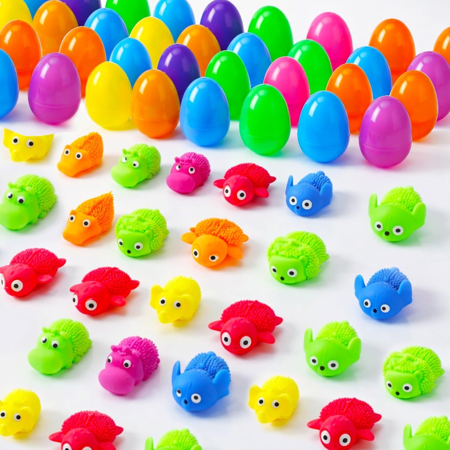 24Pack Easter Prefilled Eggs with Squishy Toys Inside Bright Plastic Easter Eggs Filled Cute Stress Reliever Squishy Toy for Easter Basket Stuffers Animal Easter Egg Filler Classroom Prize Supplies