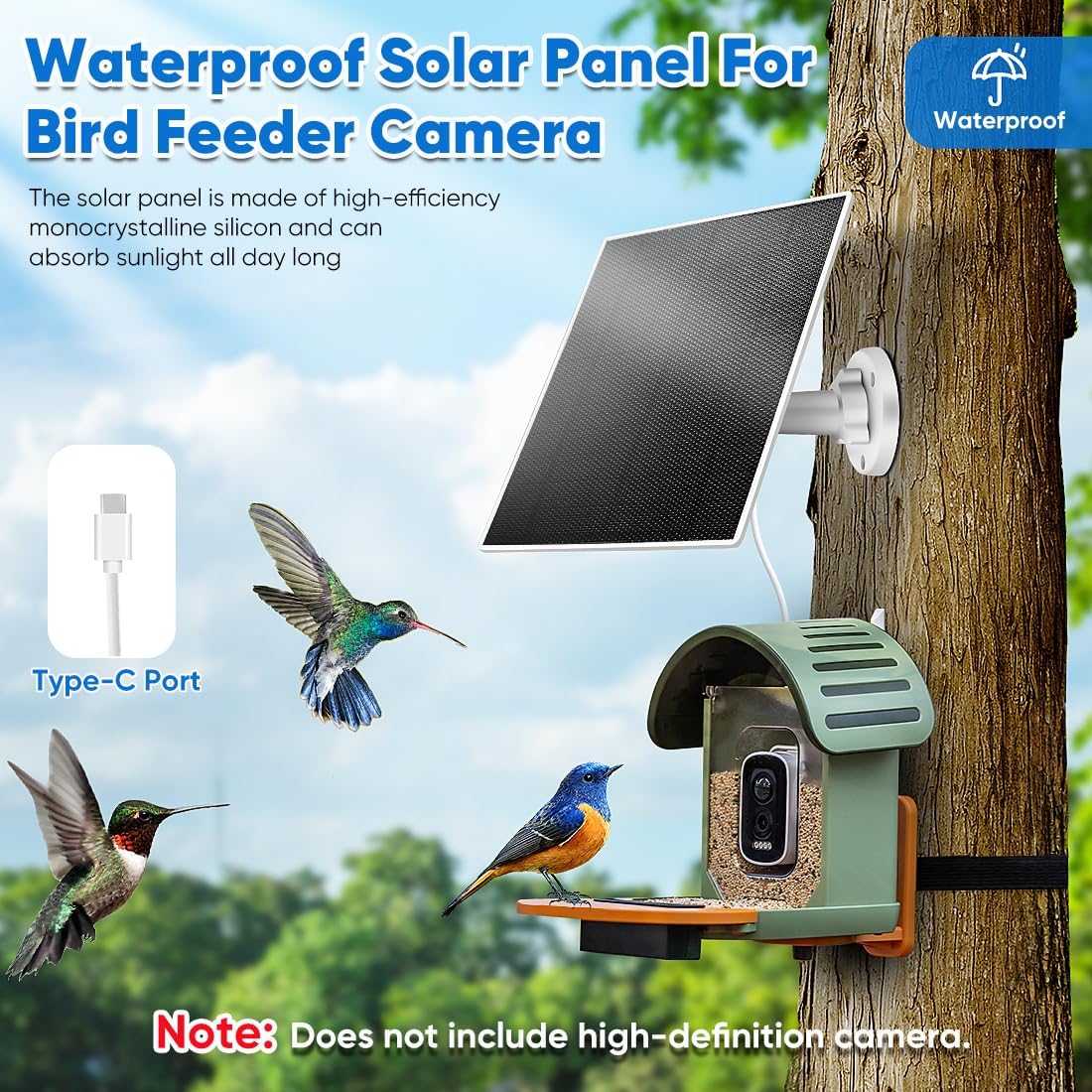 3W Solar Panel for Bird Feeder, Continuously 3W Power with Battery Sup