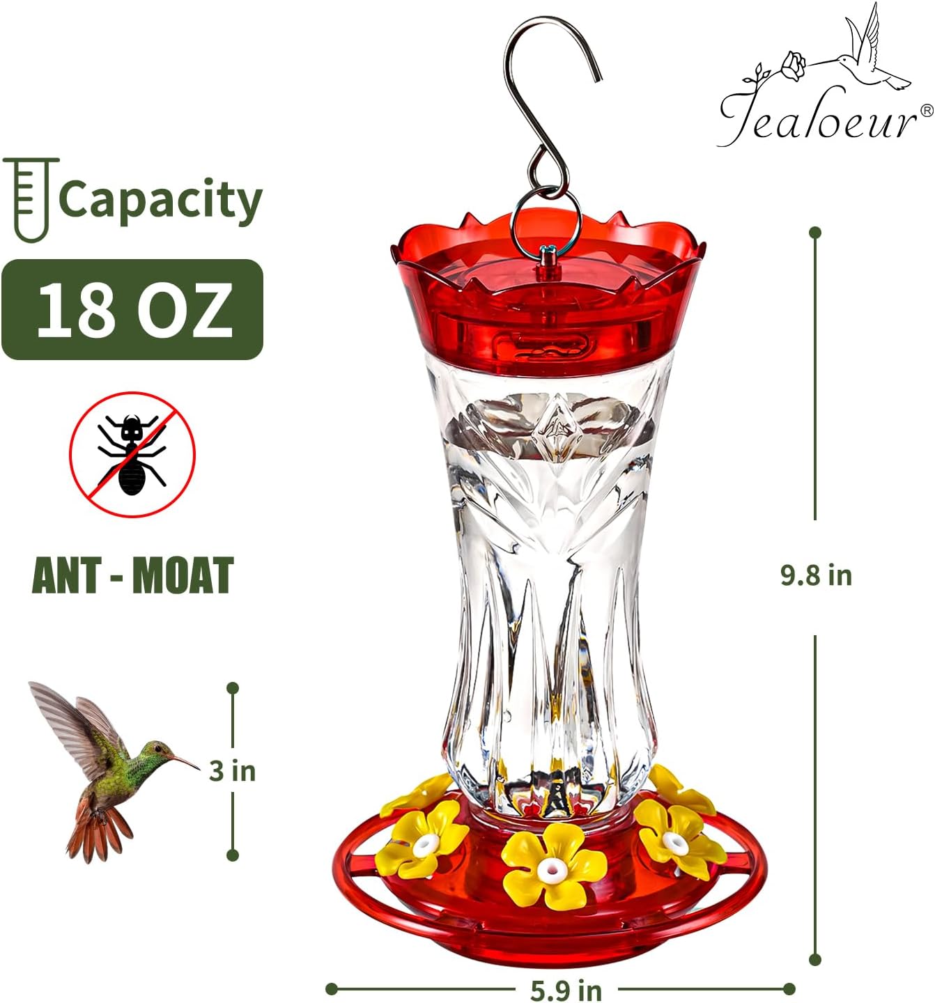 2 Pack Hummingbird Feeder for Outdoors Hanging, 18 OZ Humming Birds Fe
