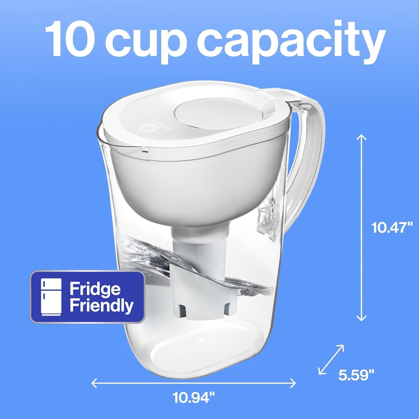 Brita Large Water Filter Pitcher for Tap and Drinking Water, Includes 1 Standard Filter, BPA-Free, Lasts Two Months, 10-Cup Capacity, Bright White