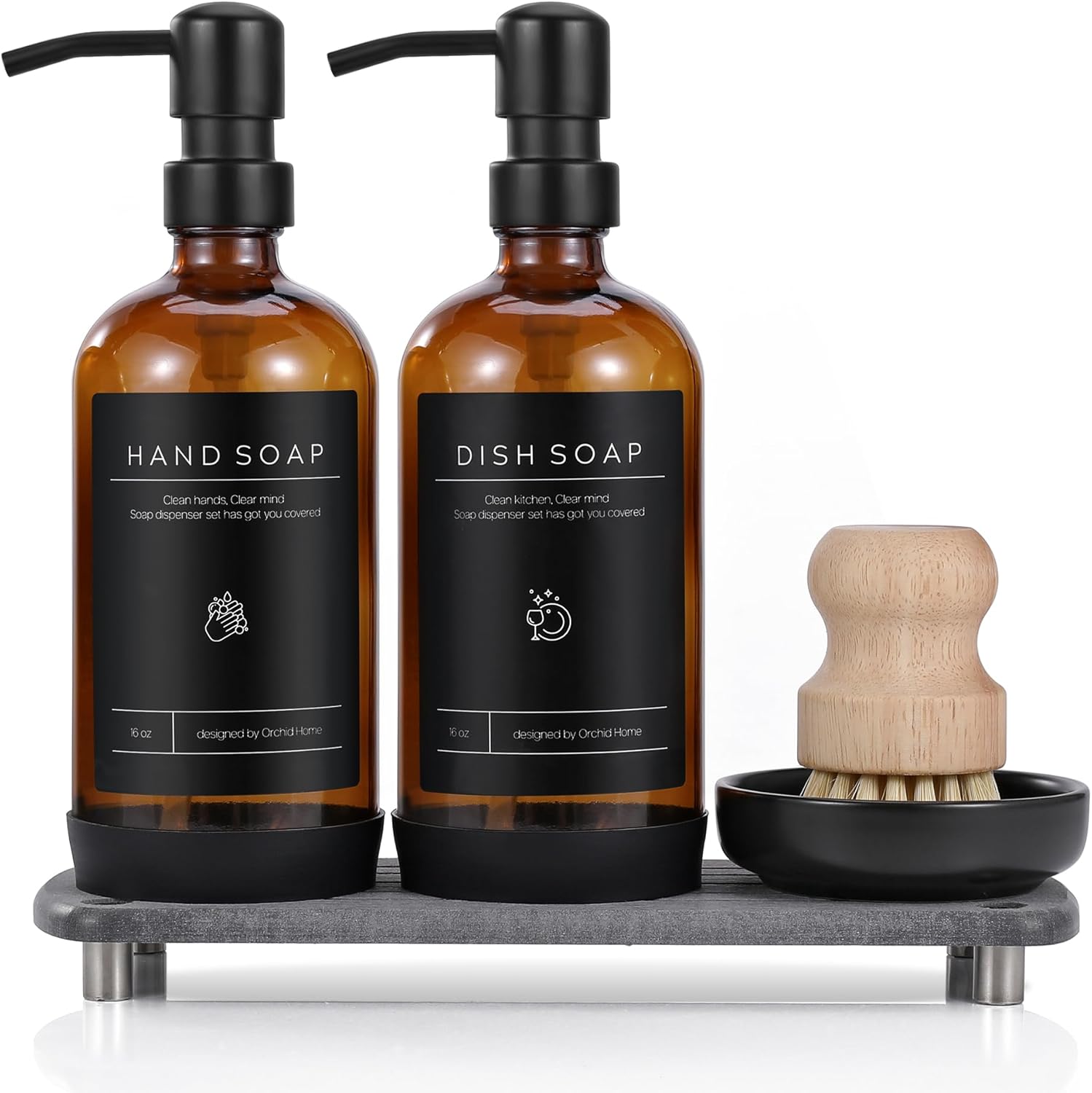 [Luxury] Kitchen Soap Dispenser Set - 16OZ Amber Glass Bottle, Stainle