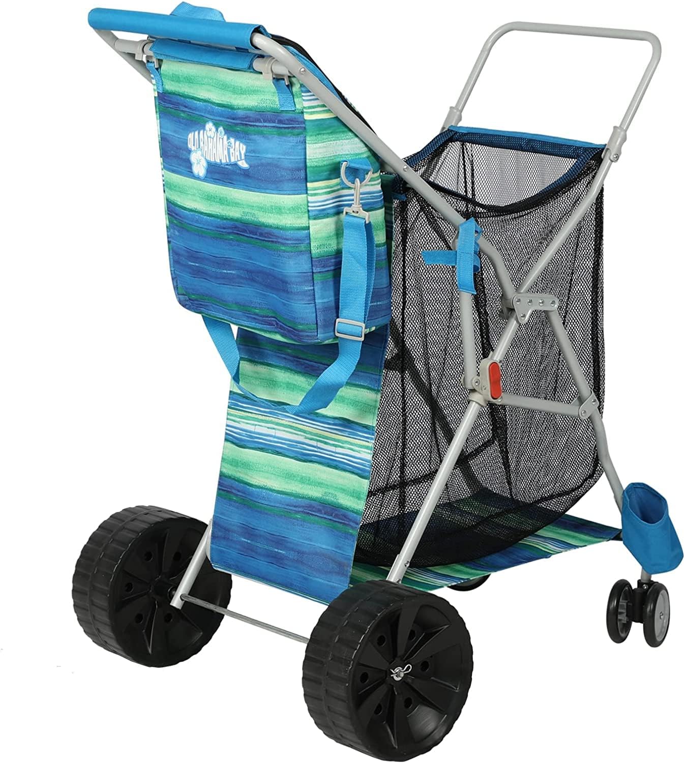 Beach Cart with Big Wheels for Sand, Collapsible All-Terrain Beach Wagon with Cooler Bag & Umbrella Holder, Large Mesh Storage, Supports 100lbs for Camping, Outdoor, Shopping, Dark Blue Stripes