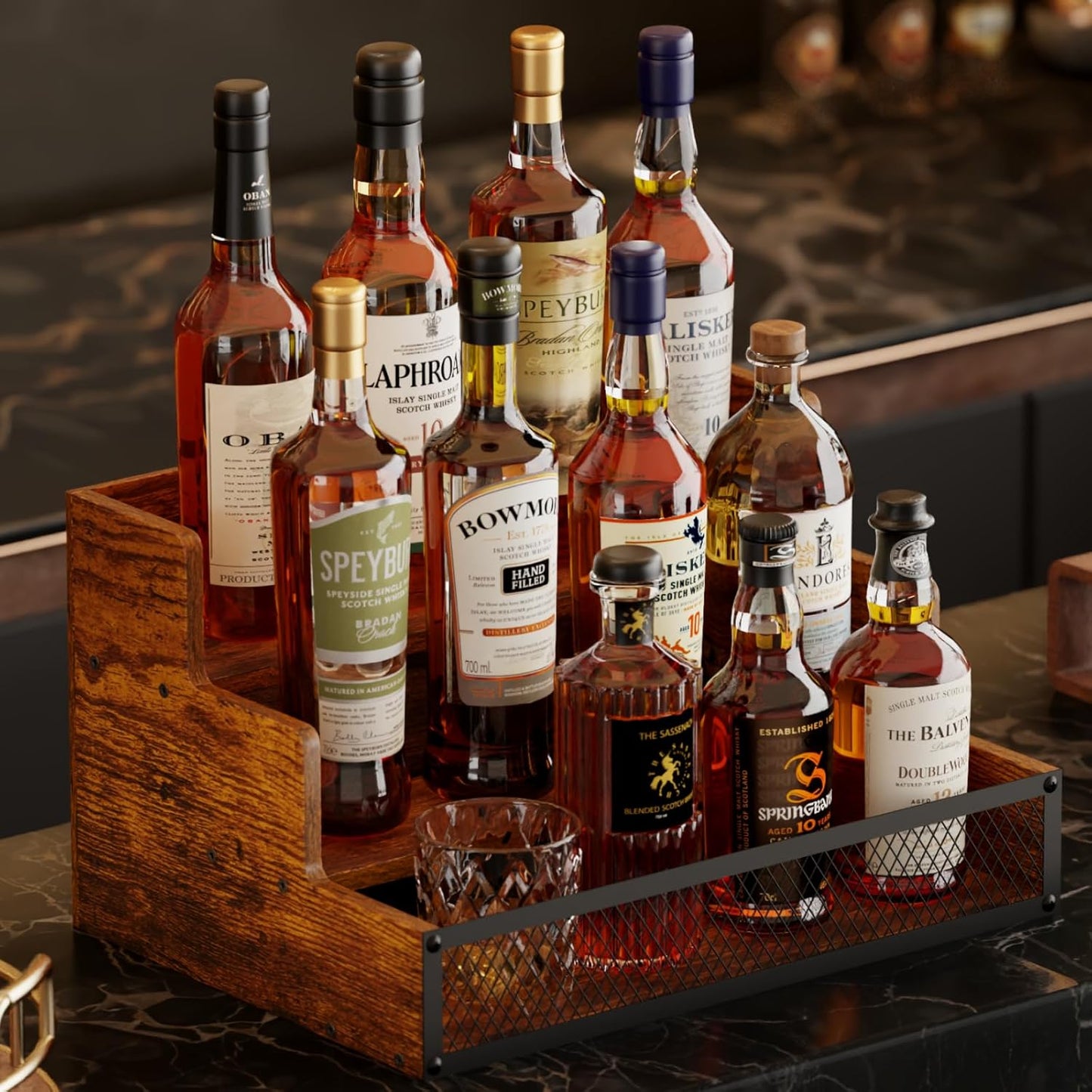 3 Step Countertop Liquor Bottle Display Shelf, Wood Bar Shelves 12 Bot