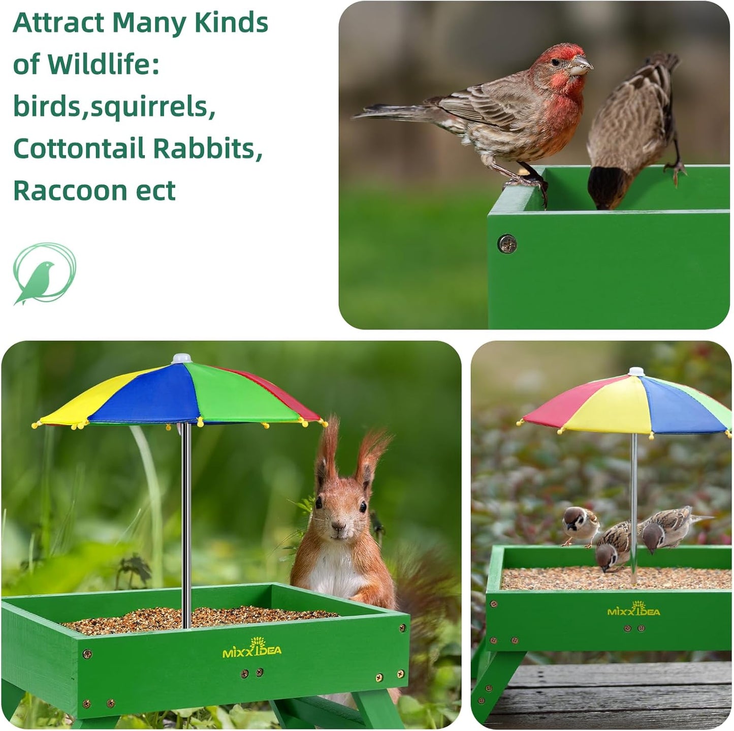 Ground Bird Feeder for Outdoors Bird&Squirrel Feeder Wooden Chicken Picnic Table Platform Feeder Wild Bird Feed Crow Feeder for Outside with 5 LBS Capacity
